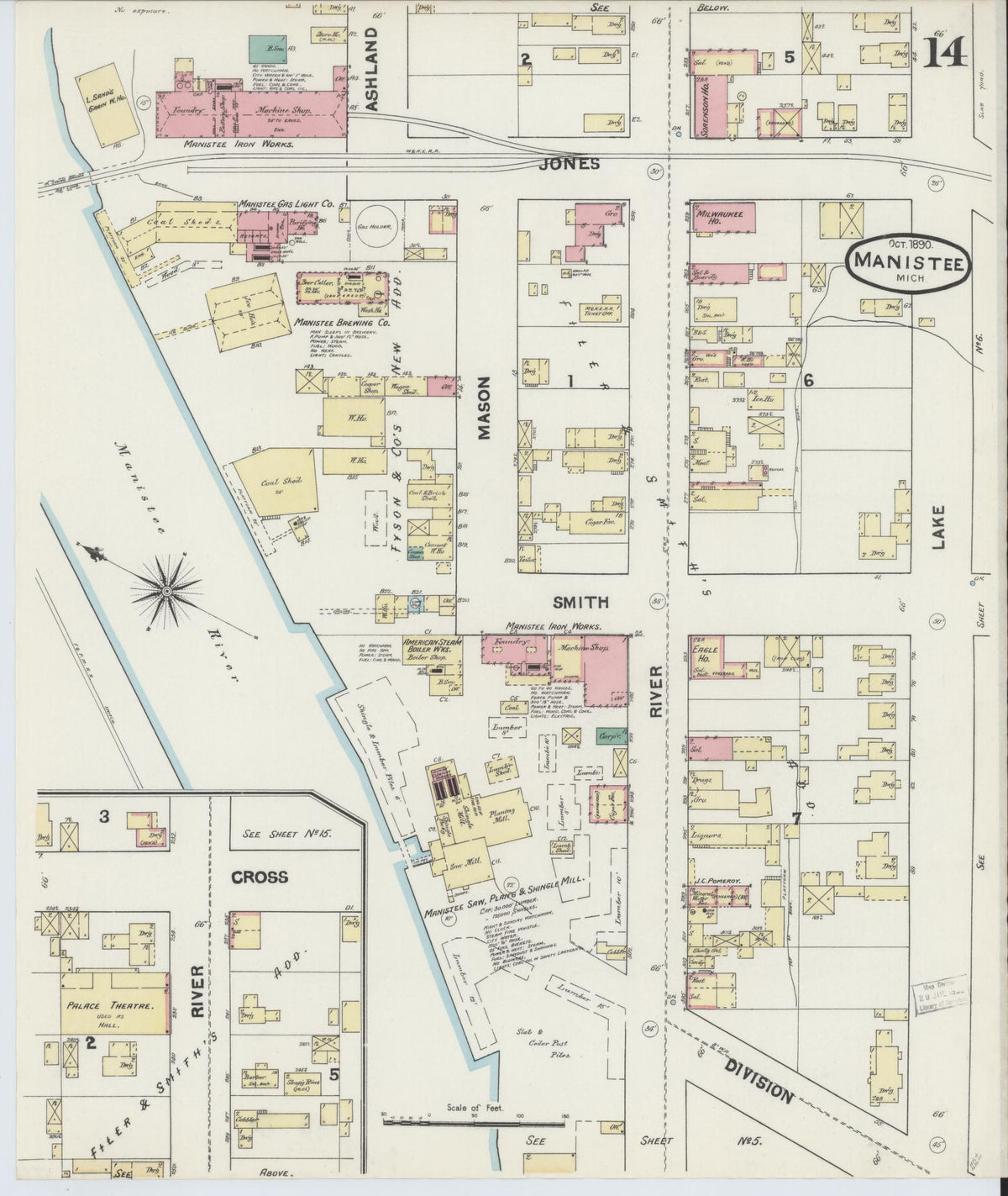Sanborn Fire Insurance Map from Manistee, Manistee County, Michigan (1890), Sheet #0014 - Historic Sanborn Fire Insurance Map Print, vintage old map wall art, antique decor, genealogy gift, Michigan Michigan map