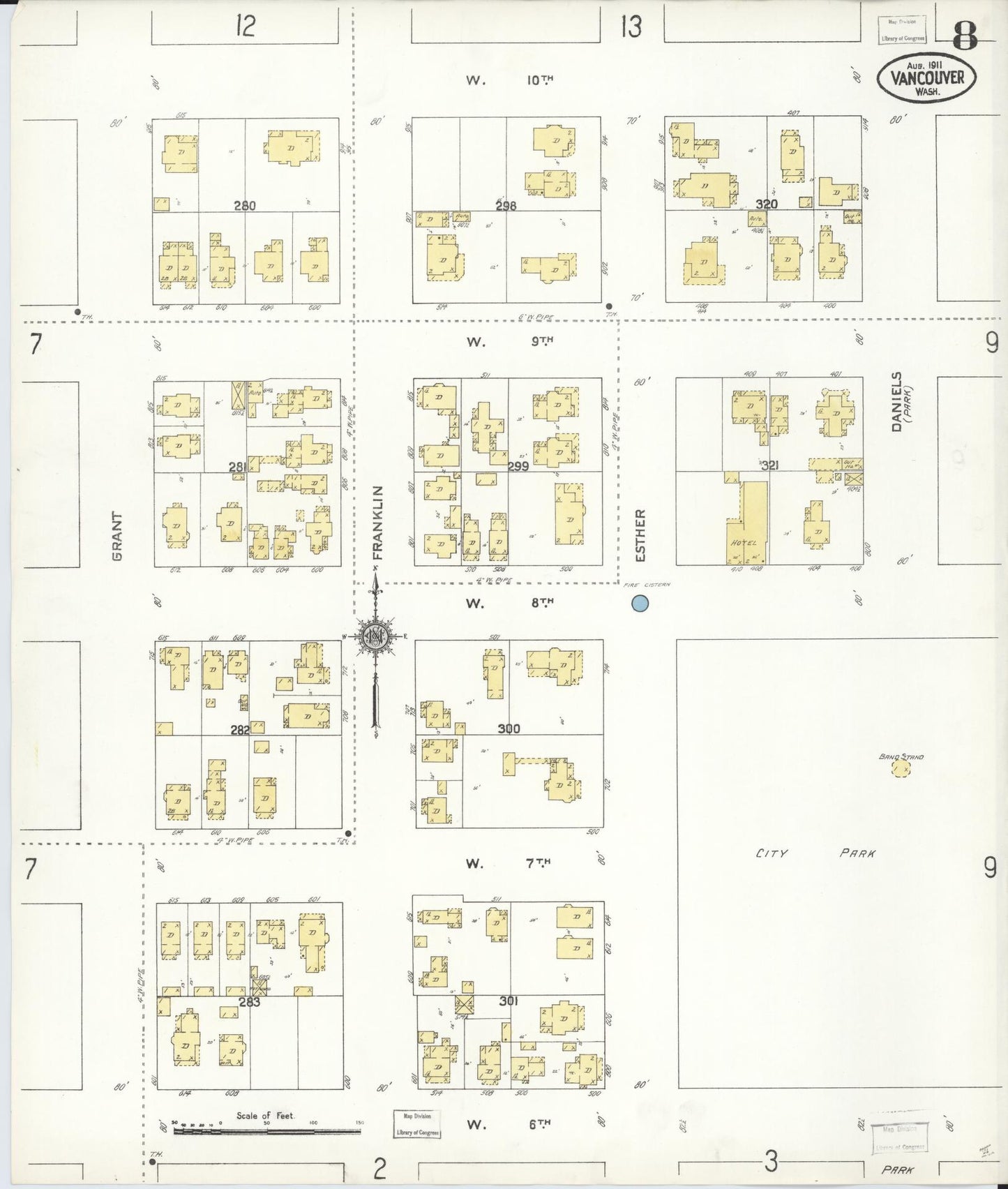 Sanborn Fire Insurance Map from Vancouver, Clark County, Washington (1911), Sheet #0008 - Historic Sanborn Fire Insurance Map Print, vintage old map wall art, antique decor, genealogy gift, Washington Washington map