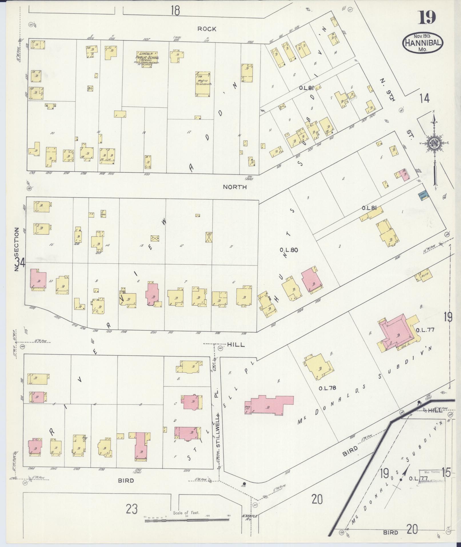 Sanborn Fire Insurance Map from Hannibal, Marion County, Missouri (1913), Sheet #0019 - Historic Sanborn Fire Insurance Map Print, vintage old map wall art, antique decor, genealogy gift, Missouri Missouri map