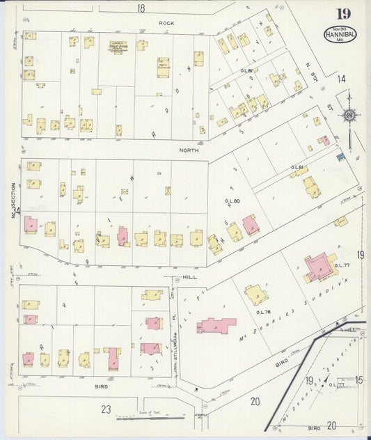 Sanborn Fire Insurance Map from Hannibal, Marion County, Missouri (1913), Sheet #0019 - Historic Sanborn Fire Insurance Map Print, vintage old map wall art, antique decor, genealogy gift, Missouri Missouri map