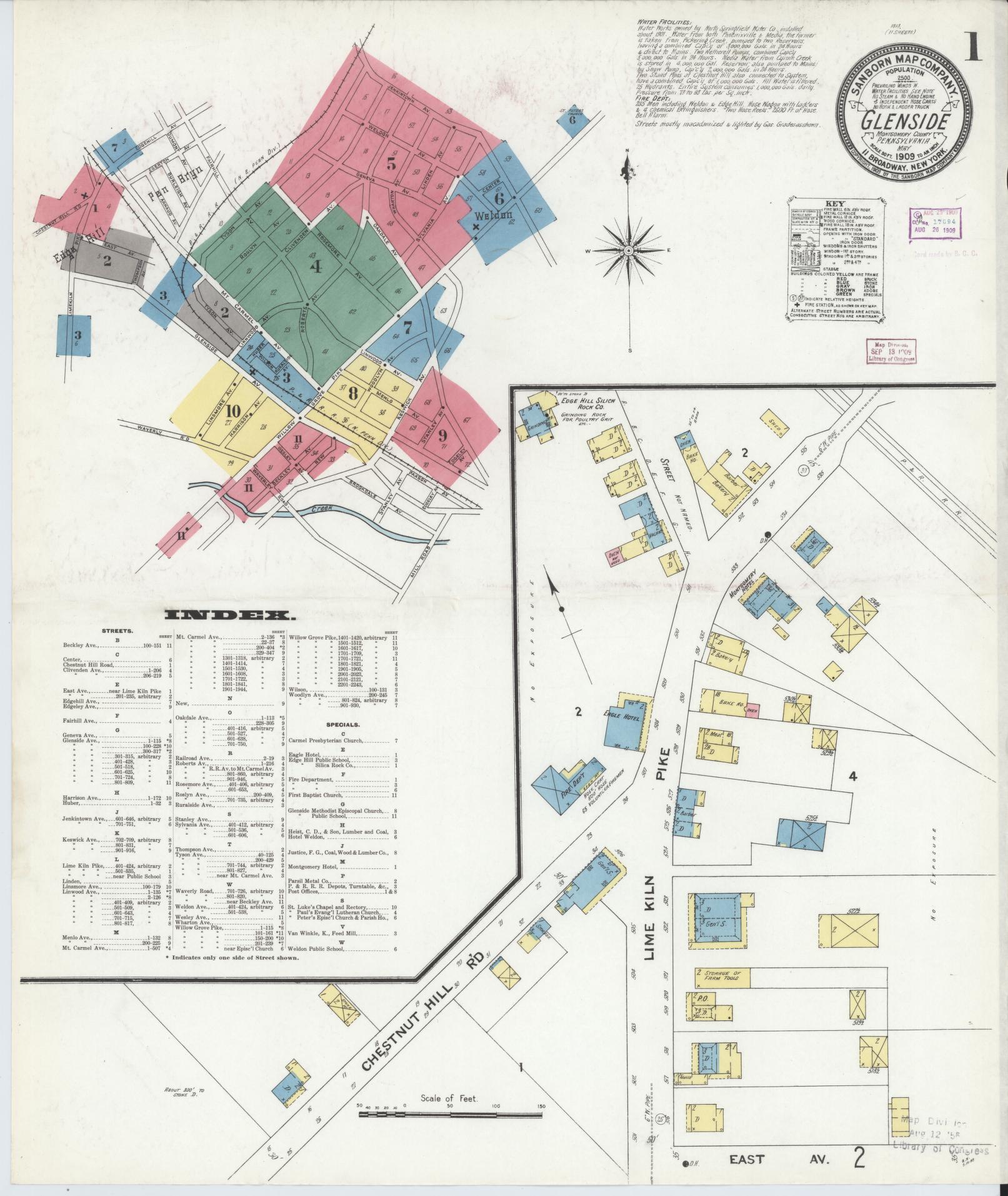 Sanborn Fire Insurance Map from Glenside, Montgomery County, Pennsylvania (1909), Sheet #0001 - Historic Sanborn Fire Insurance Map Print, vintage old map wall art, antique decor, genealogy gift, Pennsylvania Pennsylvania map
