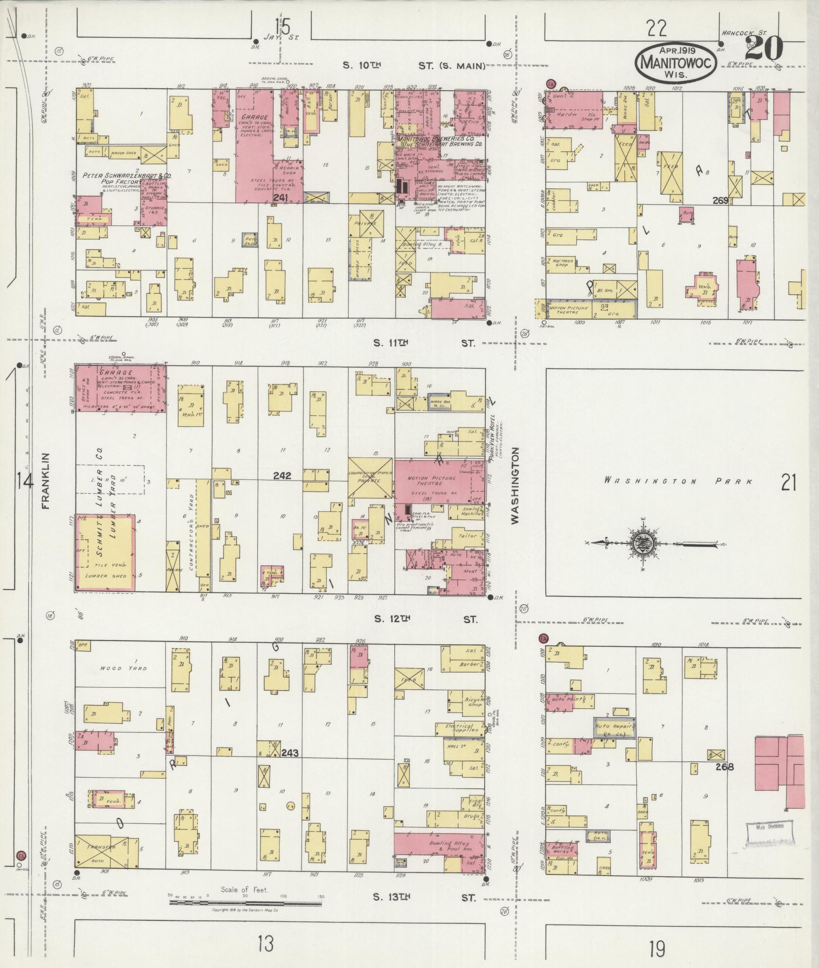 Sanborn Fire Insurance Map from Manitowoc, Manitowoc County, Wisconsin (1919), Sheet #0020 - Historic Sanborn Fire Insurance Map Print, vintage old map wall art, antique decor, genealogy gift, Wisconsin Wisconsin map