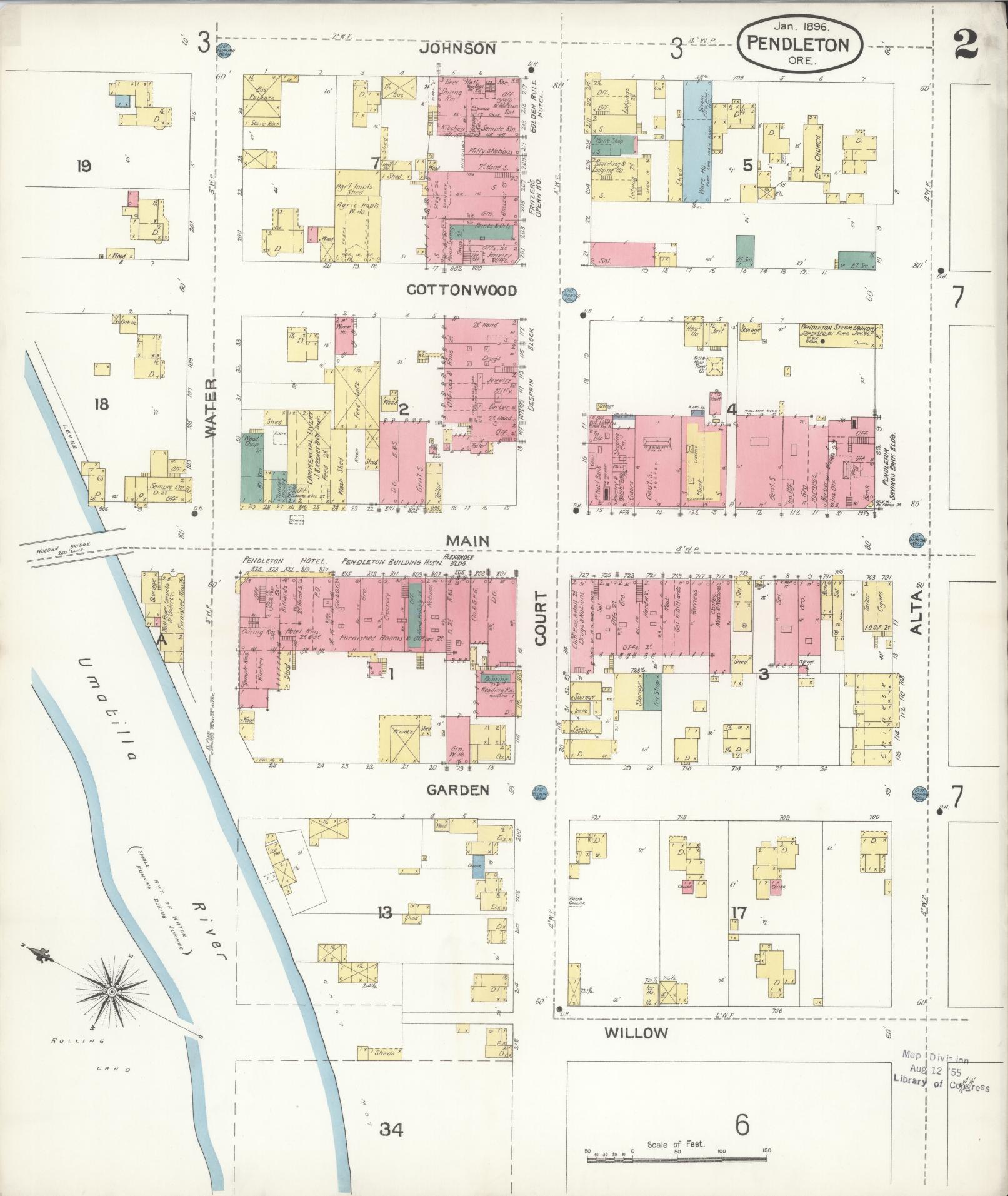 Sanborn Fire Insurance Map from Pendleton, Umatilla County, Oregon (1896), Sheet #0002 - Complete Map Set gallery image, historic Sanborn map, vintage wall art, Oregon Oregon