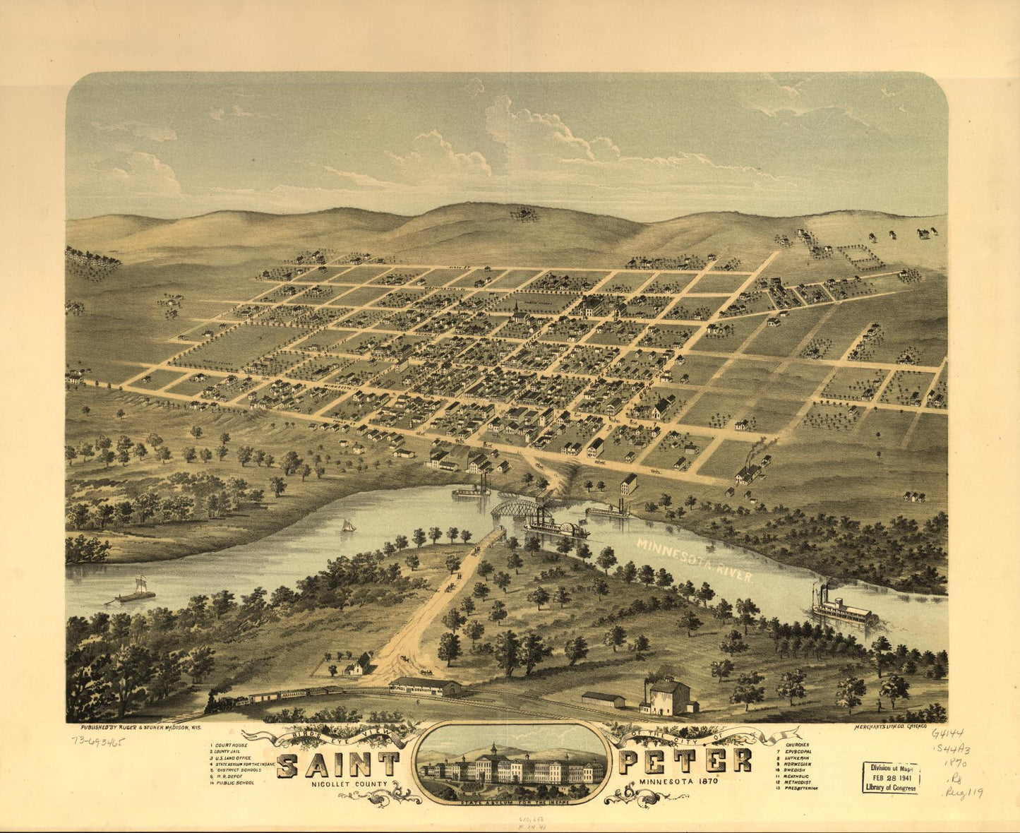 Bird's eye view of the city of Saint Peter, Nicollet County, Minnesota 1870. (1870) – Historic Bird’s-Eye View Panorama Print