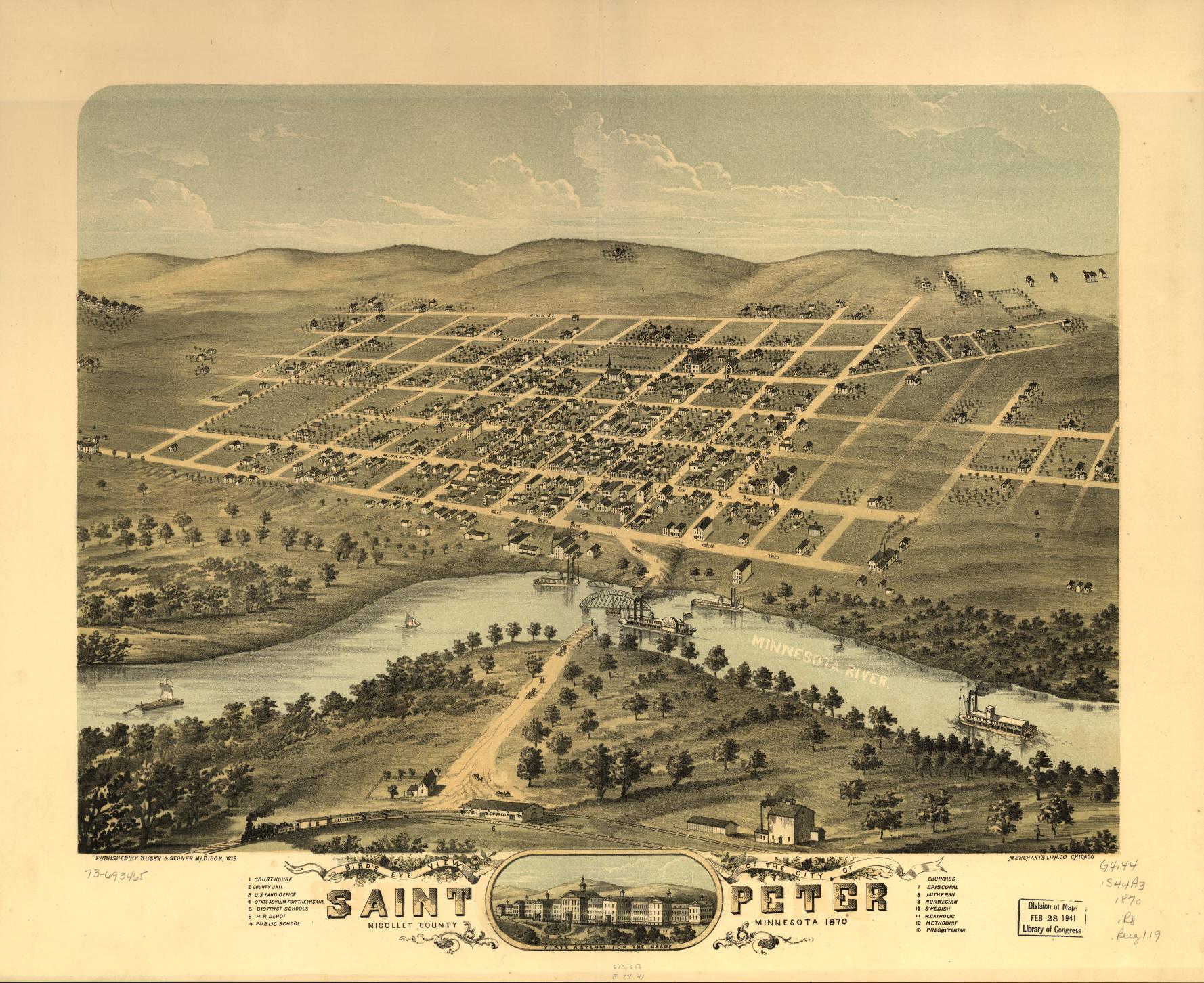 Bird's eye view of the city of Saint Peter, Nicollet County, Minnesota 1870. (1870) – Historic Bird’s-Eye View Panorama Print
