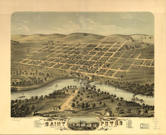 Bird's eye view of the city of Saint Peter, Nicollet County, Minnesota 1870. (1870) – Historic Bird’s-Eye View Panorama Print