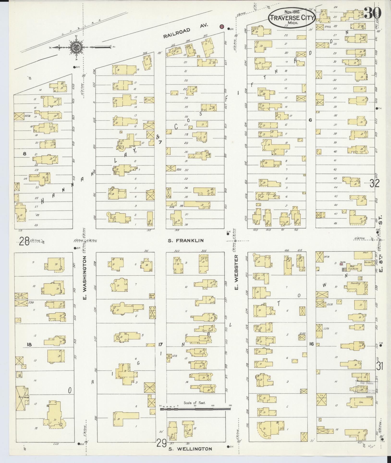 Sanborn Fire Insurance Map from Traverse City, Grand Traverse County, Michigan (1910), Sheet #0030 - Historic Sanborn Fire Insurance Map Print, vintage old map wall art, antique decor, genealogy gift, Michigan Michigan map