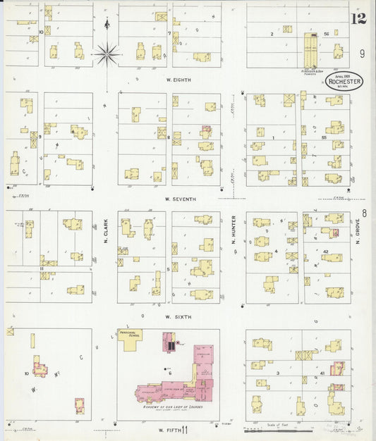 Sanborn Fire Insurance Map from Rochester, Olmsted County, Minnesota (1909), Sheet #0012 - Historic Sanborn Fire Insurance Map Print, vintage old map wall art, antique decor, genealogy gift, Minnesota Minnesota map