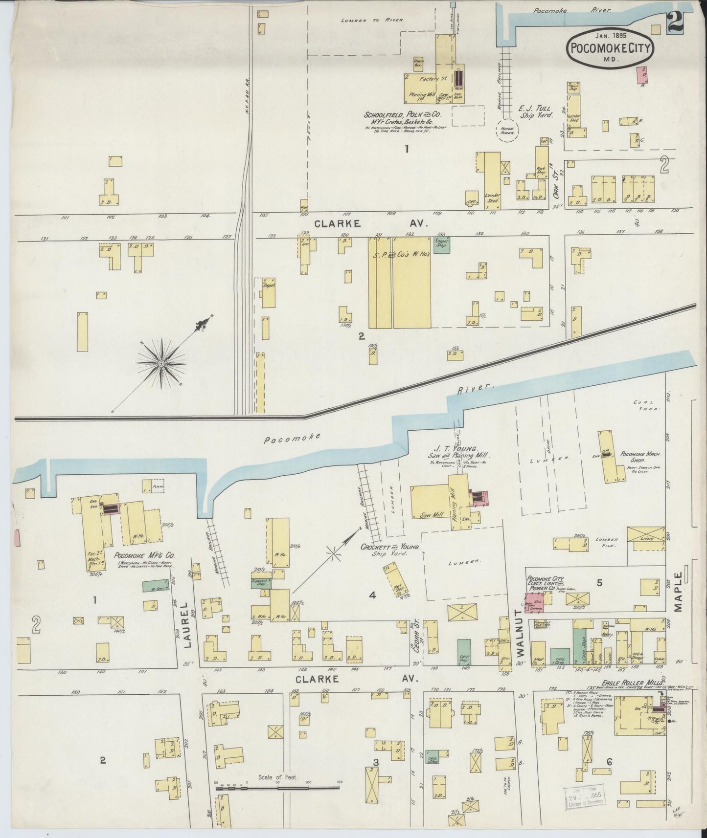 Sanborn Fire Insurance Map from Pocomoke City, Worcester County, Maryland (1895), Sheet #0002 - Historic Sanborn Fire Insurance Map Print, vintage old map wall art