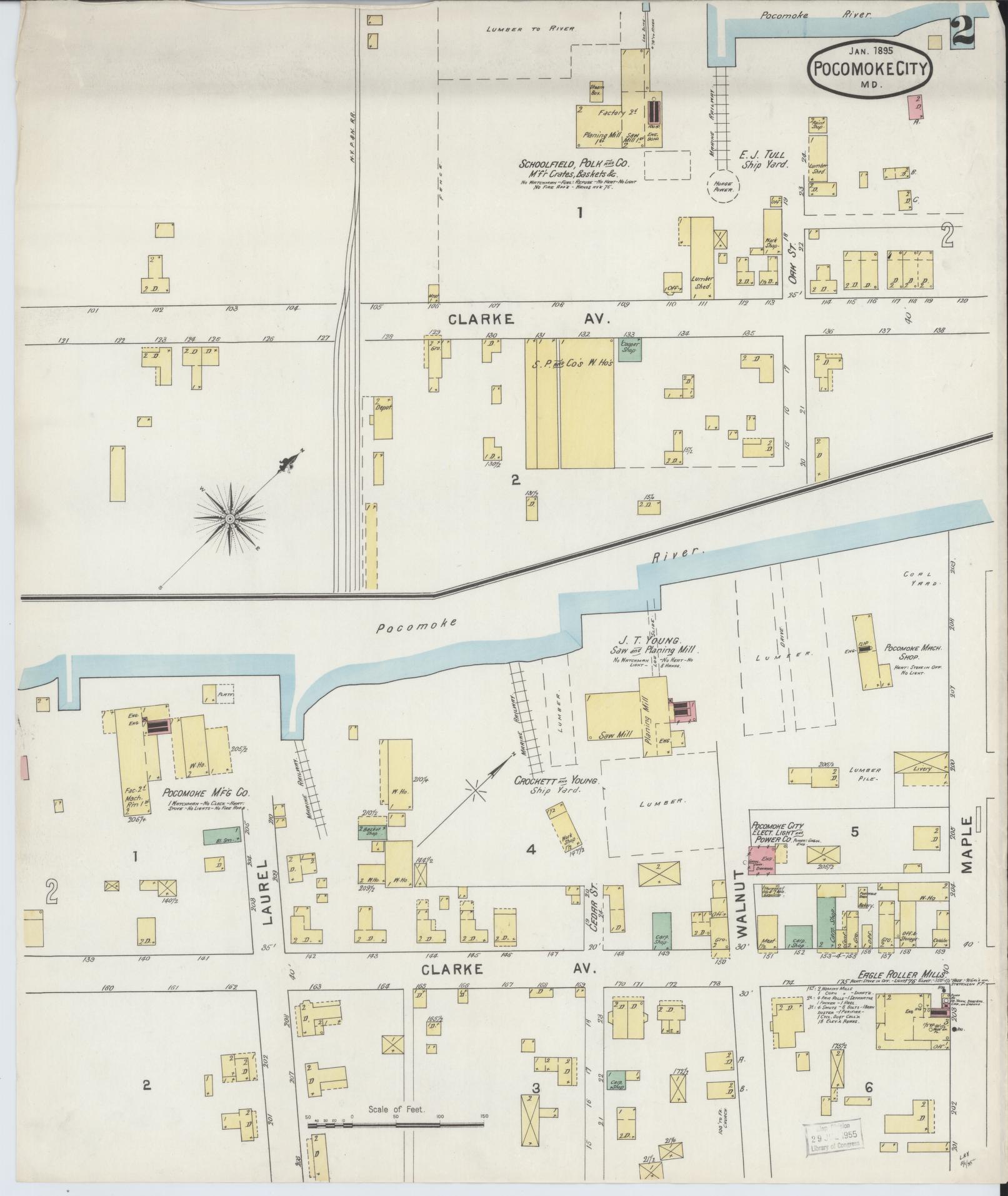 Sanborn Fire Insurance Map from Pocomoke City, Worcester County, Maryland (1895), Sheet #0002 - Historic Sanborn Fire Insurance Map Print, vintage old map wall art