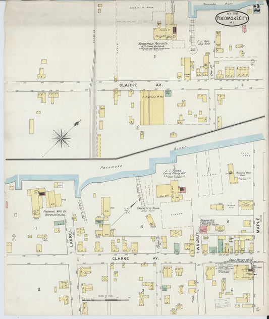 Sanborn Fire Insurance Map from Pocomoke City, Worcester County, Maryland (1895), Sheet #0002 - Historic Sanborn Fire Insurance Map Print, vintage old map wall art