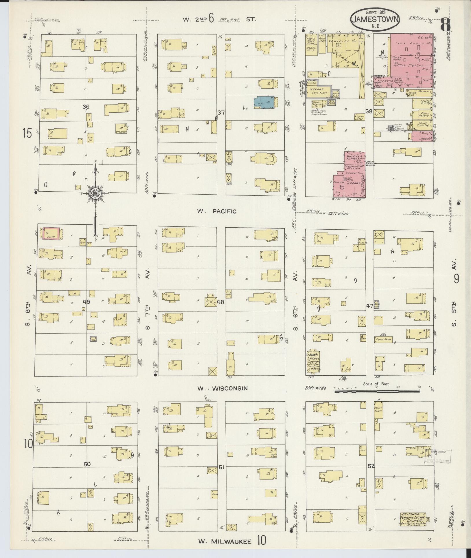 Sanborn Fire Insurance Map from Jamestown, Stutsman County, North Dakota (1913), Sheet #0008 - Complete Map Set gallery image, historic Sanborn map, vintage wall art, North Dakota North Dakota