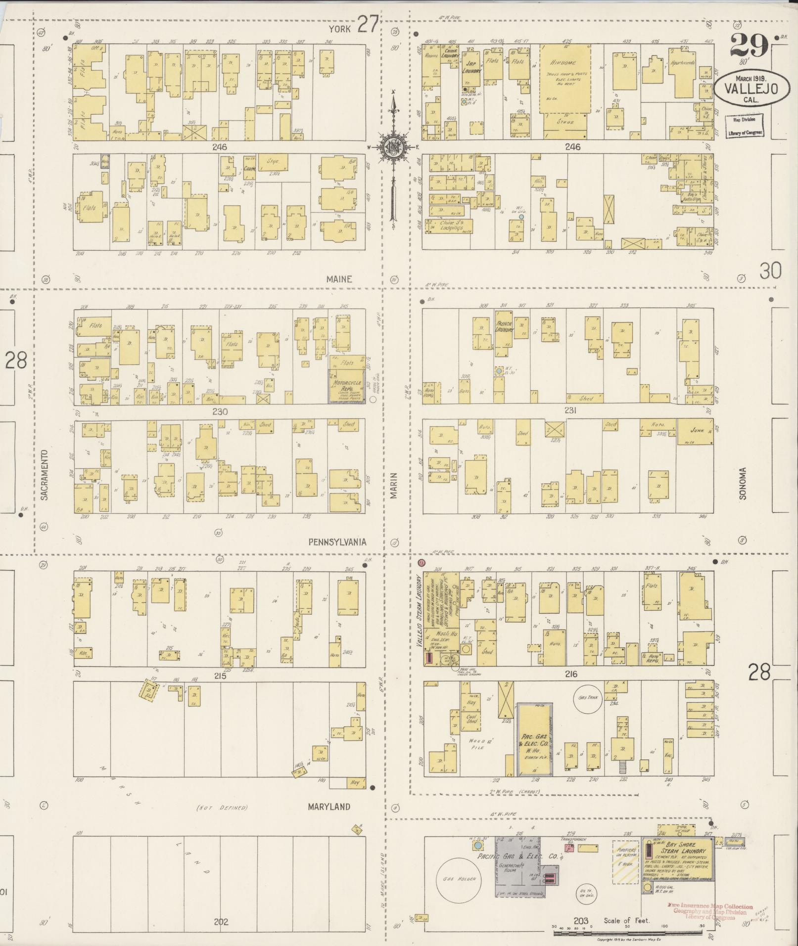 Sanborn Fire Insurance Map from Vallejo, Solano County, California (1919), Sheet #0029 - Complete Map Set gallery image, historic Sanborn map, vintage wall art, California California