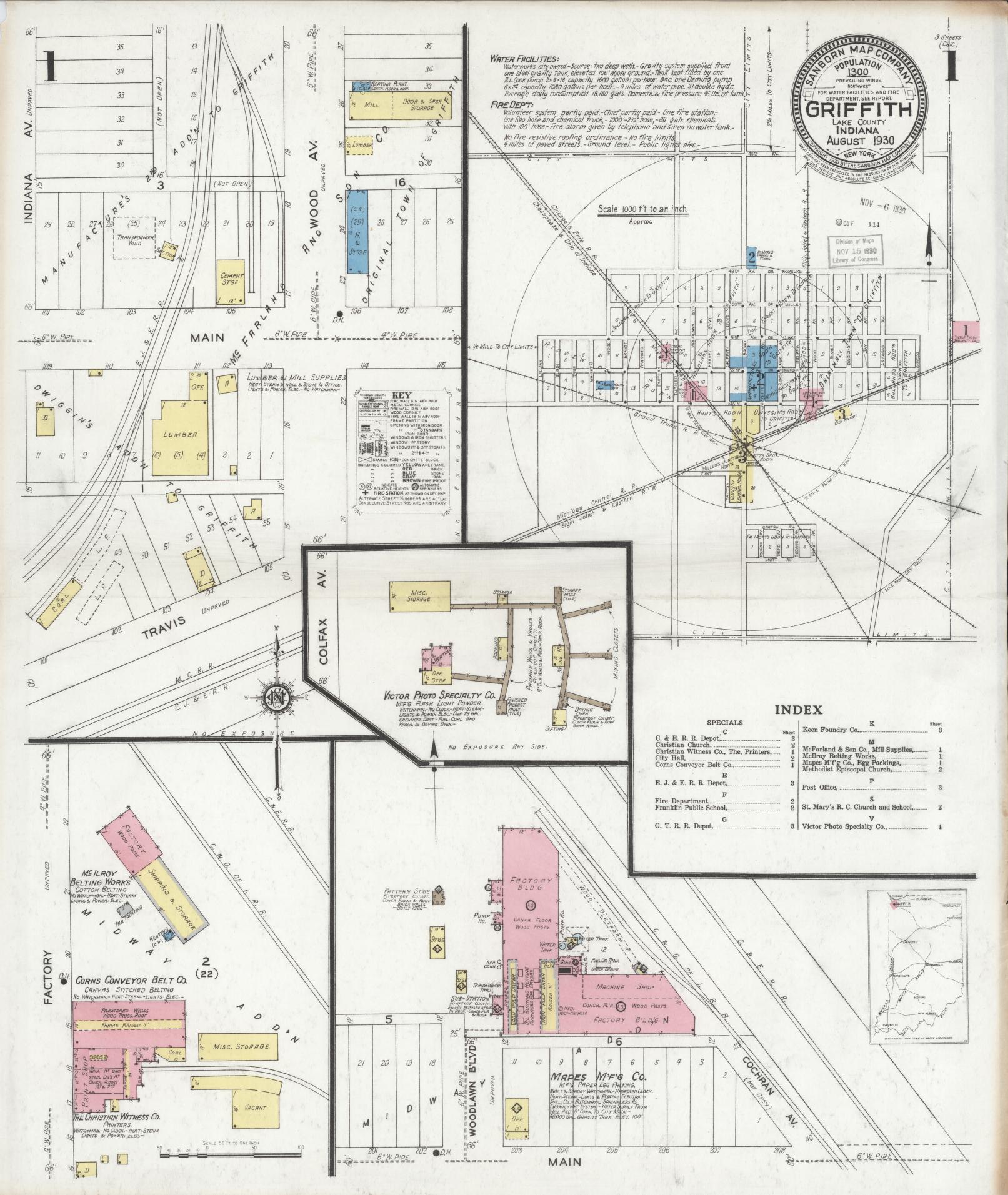 Sanborn Fire Insurance Map from Griffith, Lake County, Indiana (1930), Sheet #0001 - Complete Map Set gallery image, historic Sanborn map, vintage wall art, Indiana Indiana