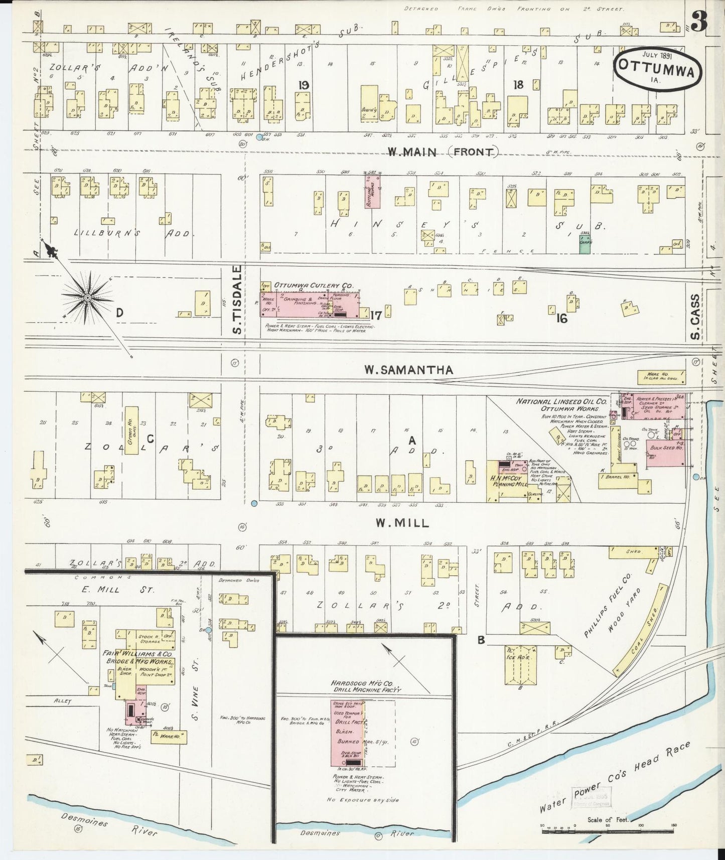 Sanborn Fire Insurance Map from Ottumwa, Wapello County, Iowa (1891), Sheet #0003 - Historic Sanborn Fire Insurance Map Print, vintage old map wall art