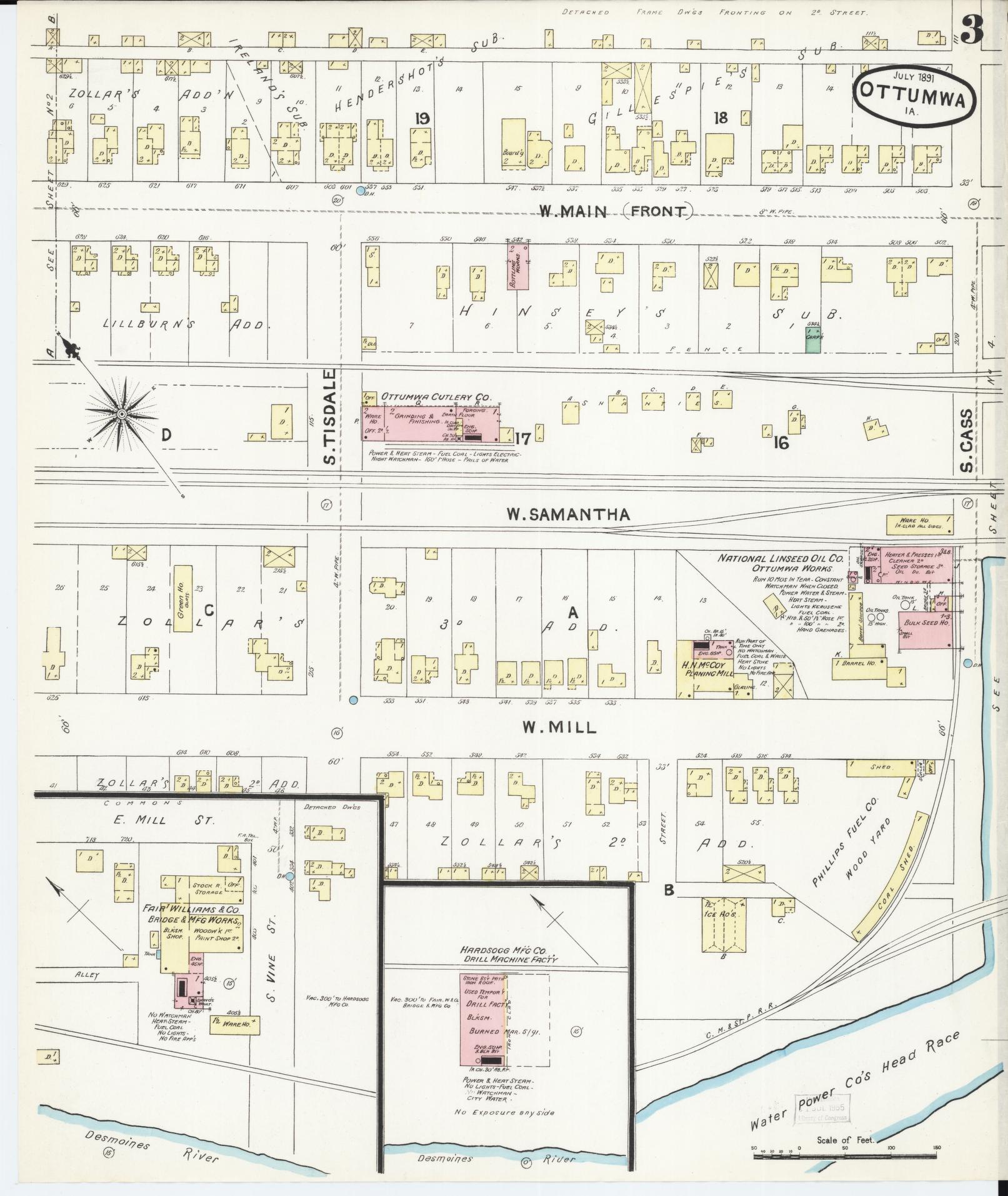 Sanborn Fire Insurance Map from Ottumwa, Wapello County, Iowa (1891), Sheet #0003 - Historic Sanborn Fire Insurance Map Print, vintage old map wall art