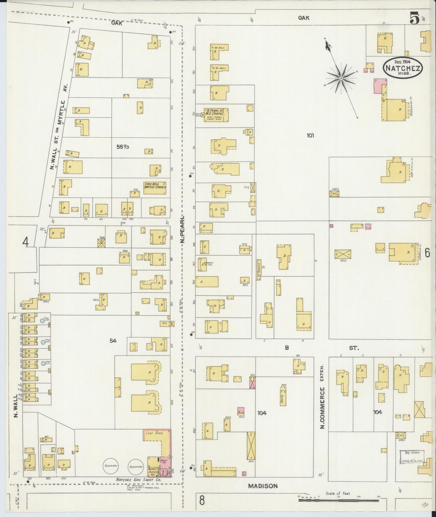 Sanborn Fire Insurance Map from Natchez, Adams County, Mississippi (1904), Sheet #0005 - Historic Sanborn Fire Insurance Map Print, vintage old map wall art, antique decor, genealogy gift, Mississippi Mississippi map