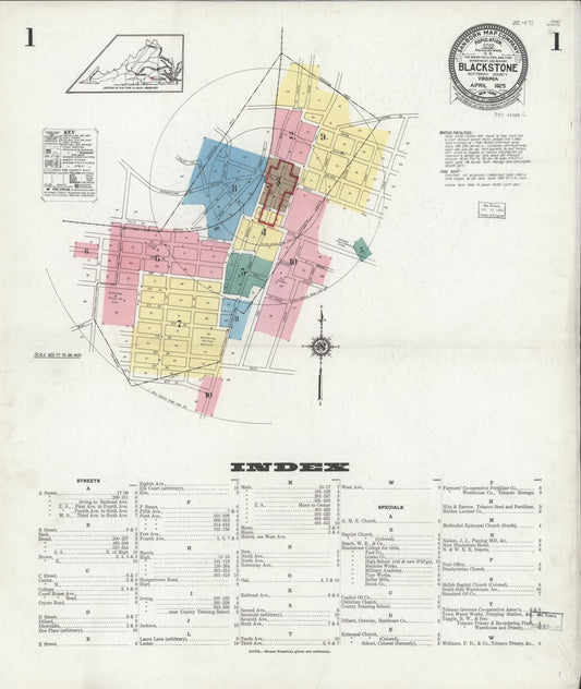 Sanborn Fire Insurance Map from Blackstone, Nottoway County, Virginia (1925), Sheet #0001 - Historic Sanborn Fire Insurance Map Print, vintage old map wall art, antique decor, genealogy gift, Virginia Virginia map