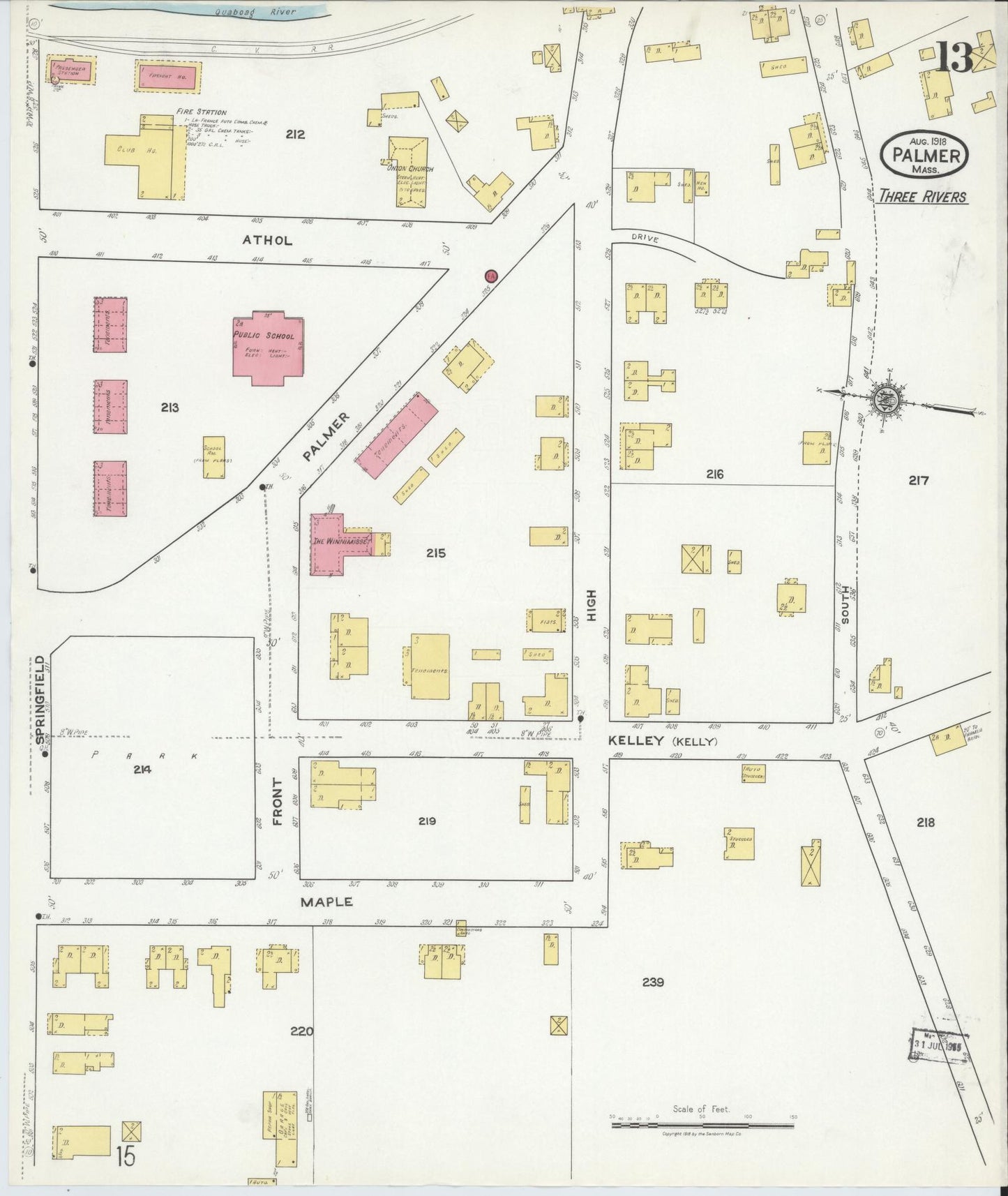 Sanborn Fire Insurance Map from Palmer, Hampden County, Massachusetts (1918), Sheet #0013 - Complete Map Set gallery image, historic Sanborn map, vintage wall art, Massachusetts Massachusetts