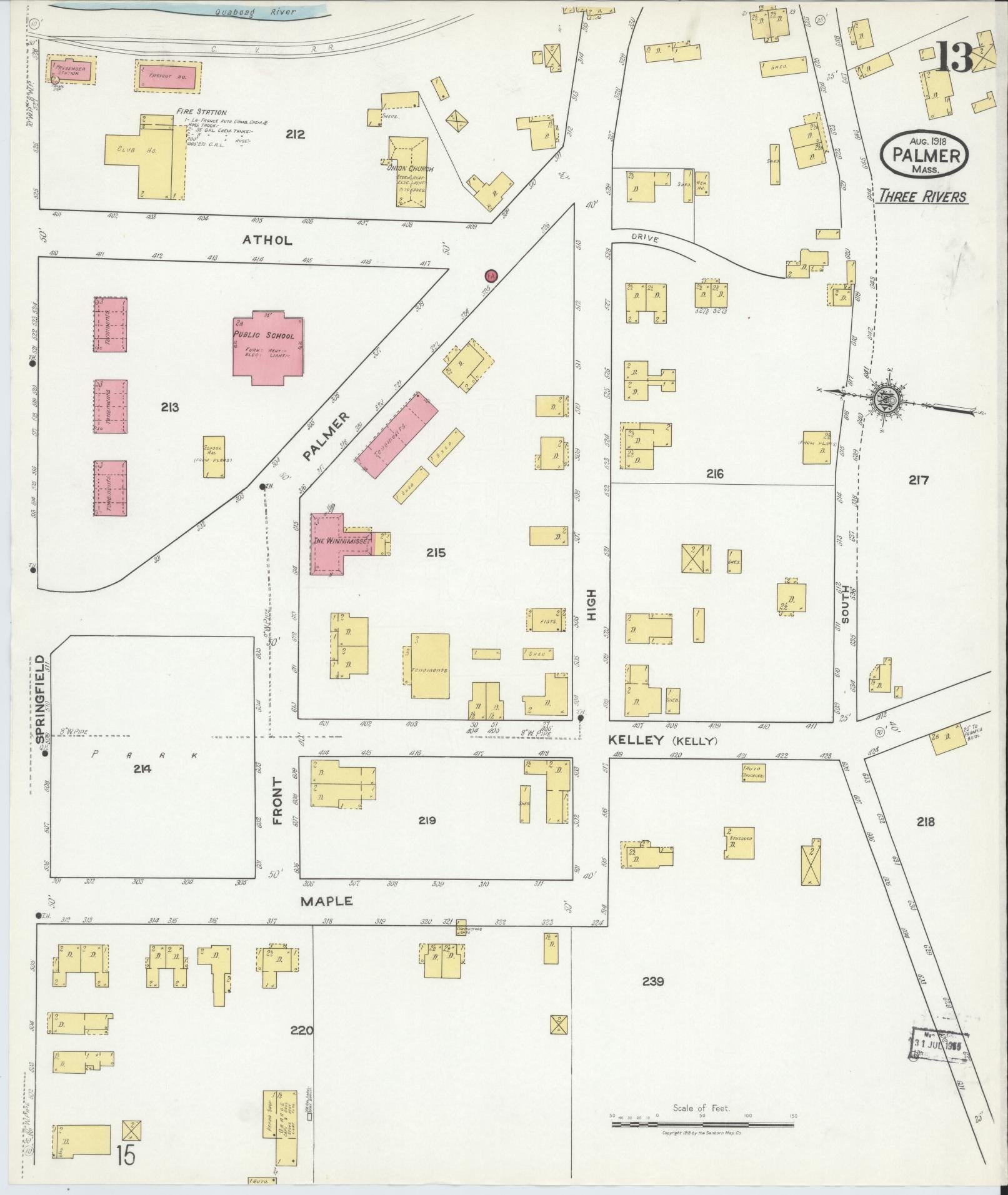 Sanborn Fire Insurance Map from Palmer, Hampden County, Massachusetts (1918), Sheet #0013 - Complete Map Set gallery image, historic Sanborn map, vintage wall art, Massachusetts Massachusetts