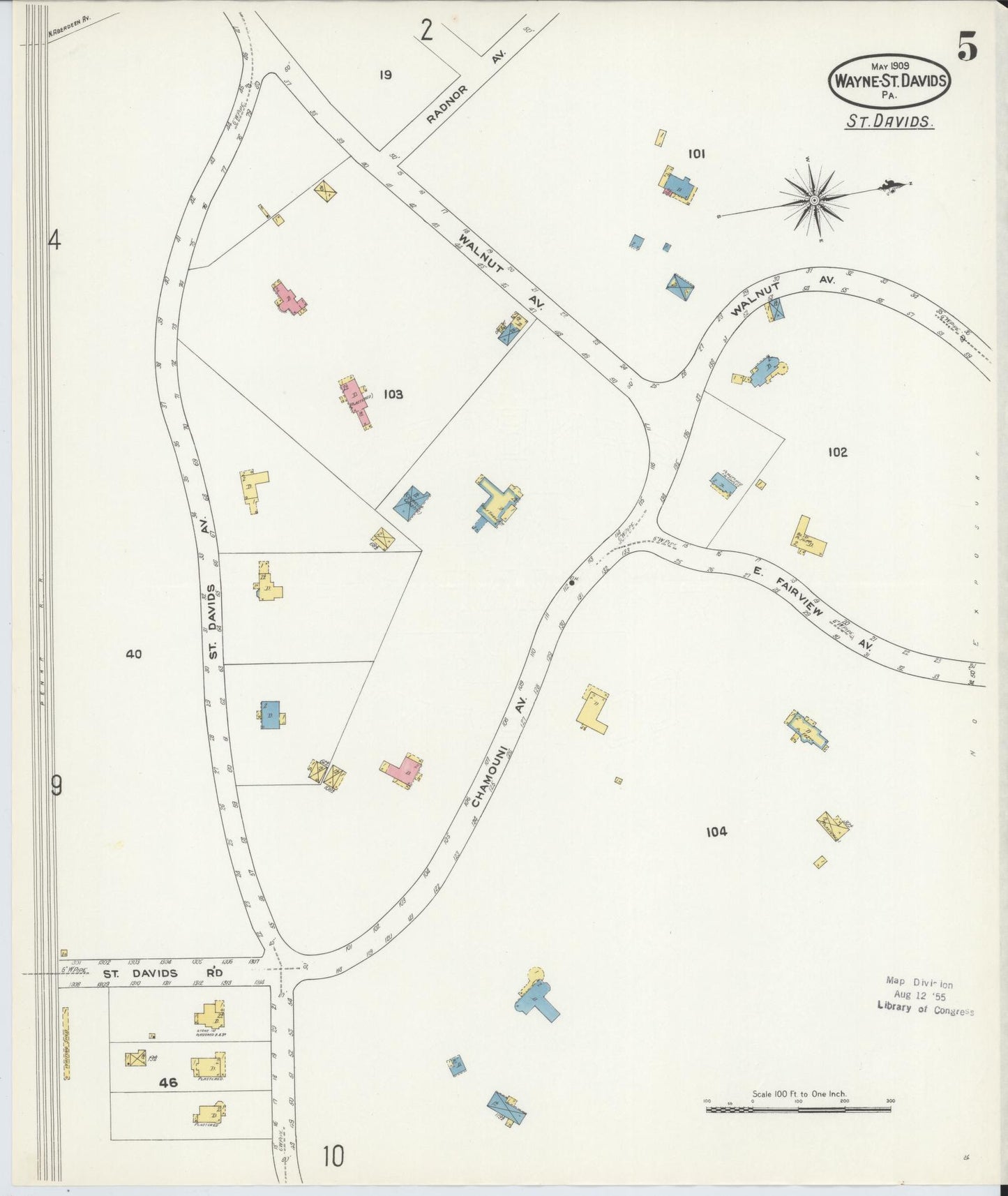 Sanborn Fire Insurance Map from Wayne, Delaware County, Pennsylvania (1909), Sheet #0005 - Historic Sanborn Fire Insurance Map Print, vintage old map wall art, antique decor, genealogy gift, Pennsylvania Pennsylvania map