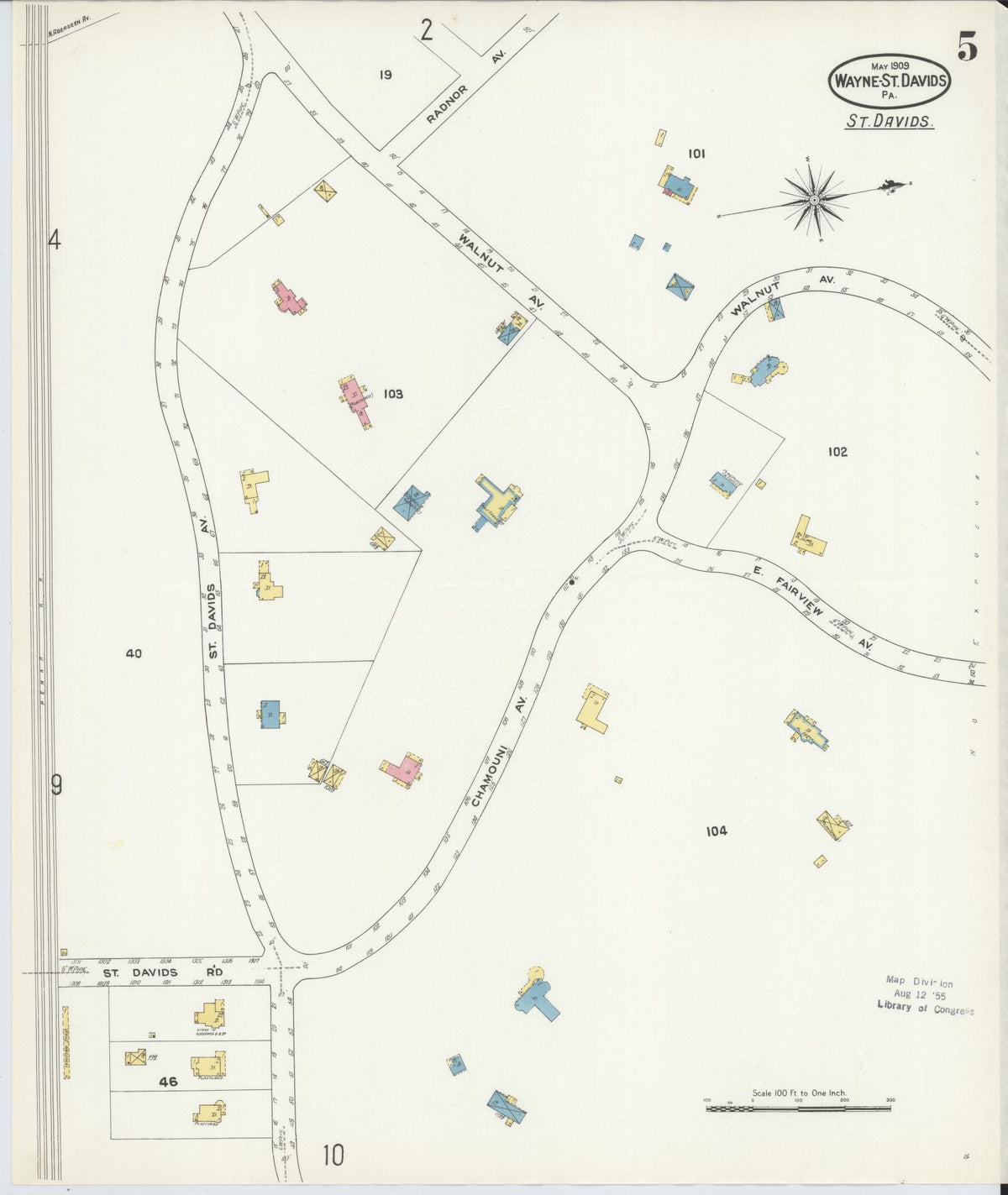Sanborn Fire Insurance Map from Wayne, Delaware County, Pennsylvania (1909), Sheet #0005 - Historic Sanborn Fire Insurance Map Print, vintage old map wall art, antique decor, genealogy gift, Pennsylvania Pennsylvania map