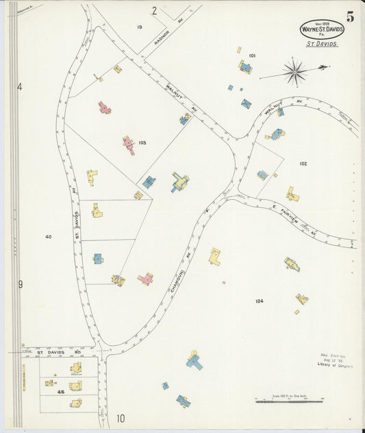 Sanborn Fire Insurance Map from Wayne, Delaware County, Pennsylvania (1909), Sheet #0005 - Historic Sanborn Fire Insurance Map Print, vintage old map wall art, antique decor, genealogy gift, Pennsylvania Pennsylvania map
