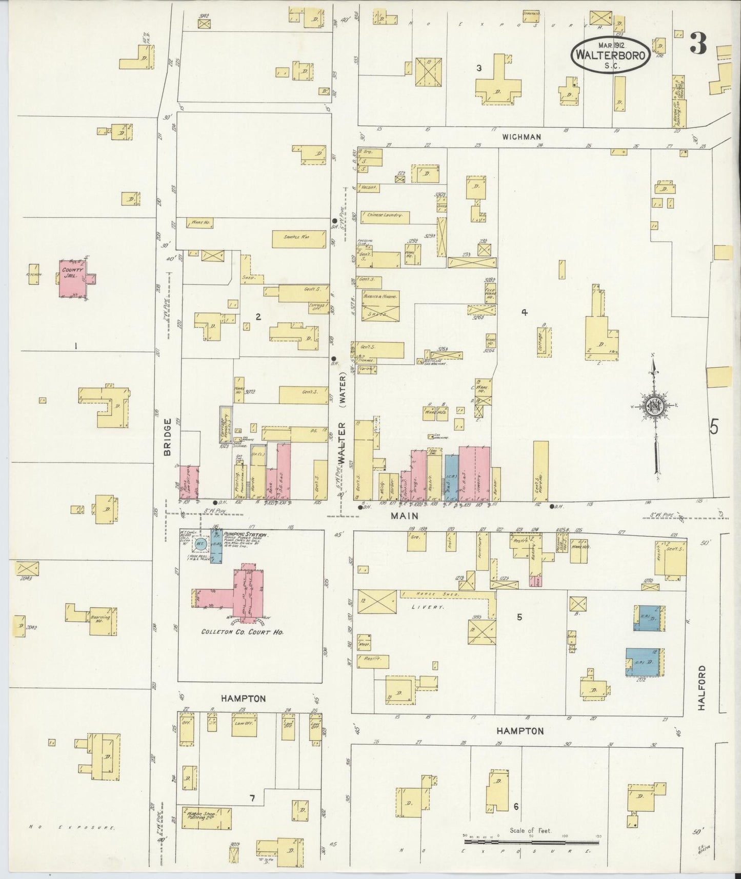 Sanborn Fire Insurance Map from Walterboro, Colleton County, South Carolina (1912), Sheet #0003 - Complete Map Set gallery image, historic Sanborn map, vintage wall art, South Carolina South Carolina