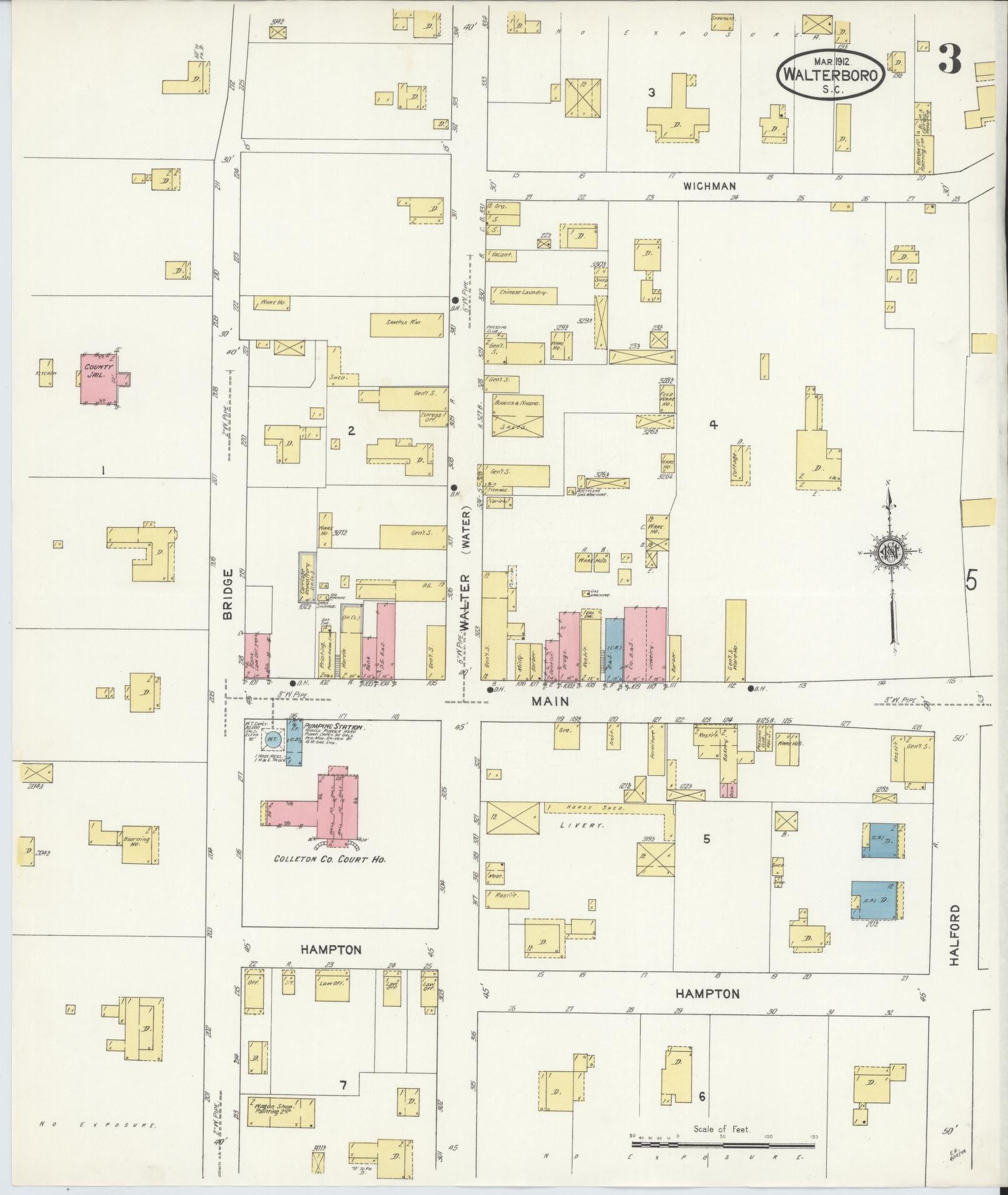 Sanborn Fire Insurance Map from Walterboro, Colleton County, South Carolina (1912), Sheet #0003 - Complete Map Set gallery image, historic Sanborn map, vintage wall art, South Carolina South Carolina