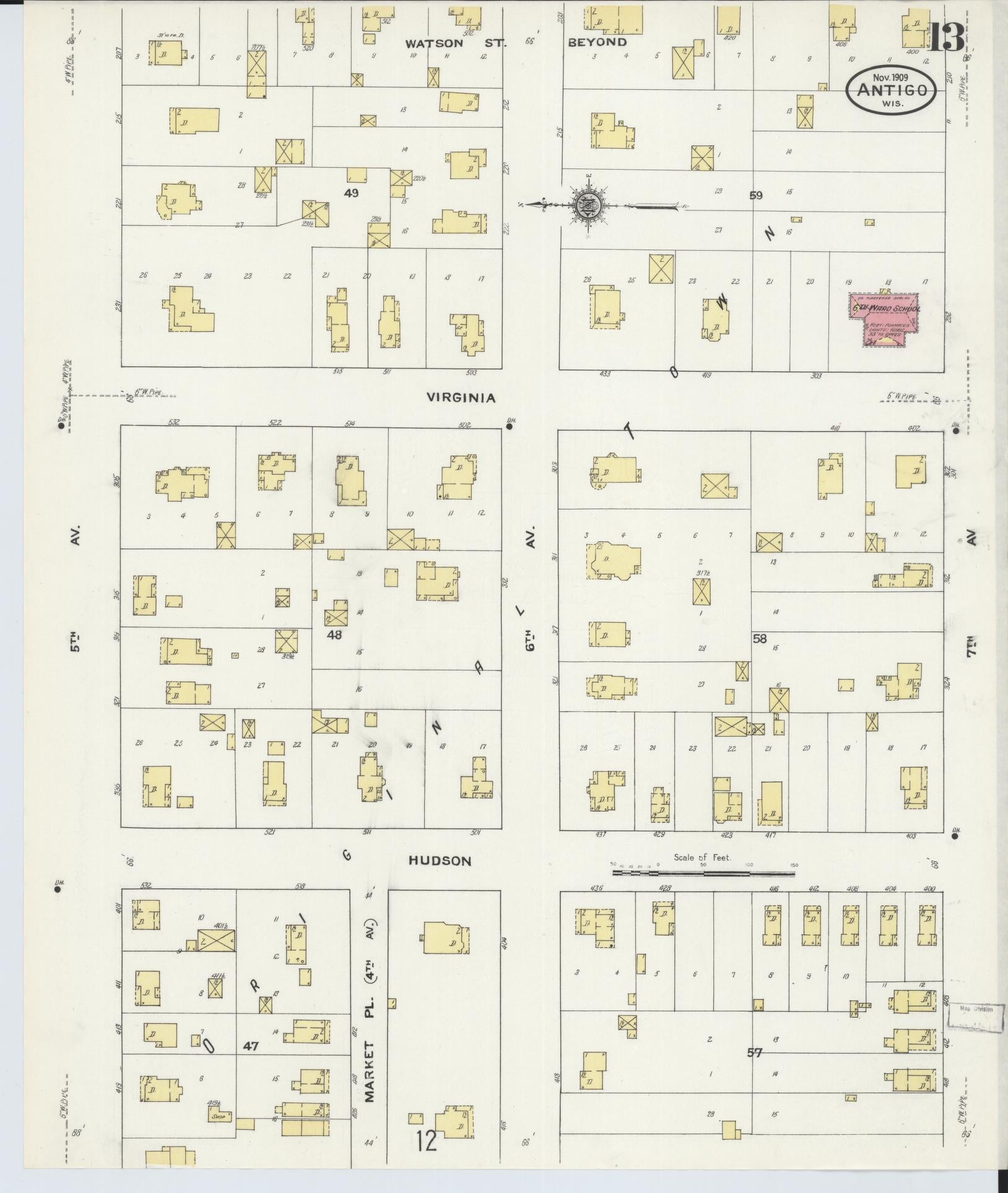 Sanborn Fire Insurance Map from Antigo, Langlade County, Wisconsin (1909), Sheet #0013 - Historic Sanborn Fire Insurance Map Print, vintage old map wall art, antique decor, genealogy gift, Wisconsin Wisconsin map