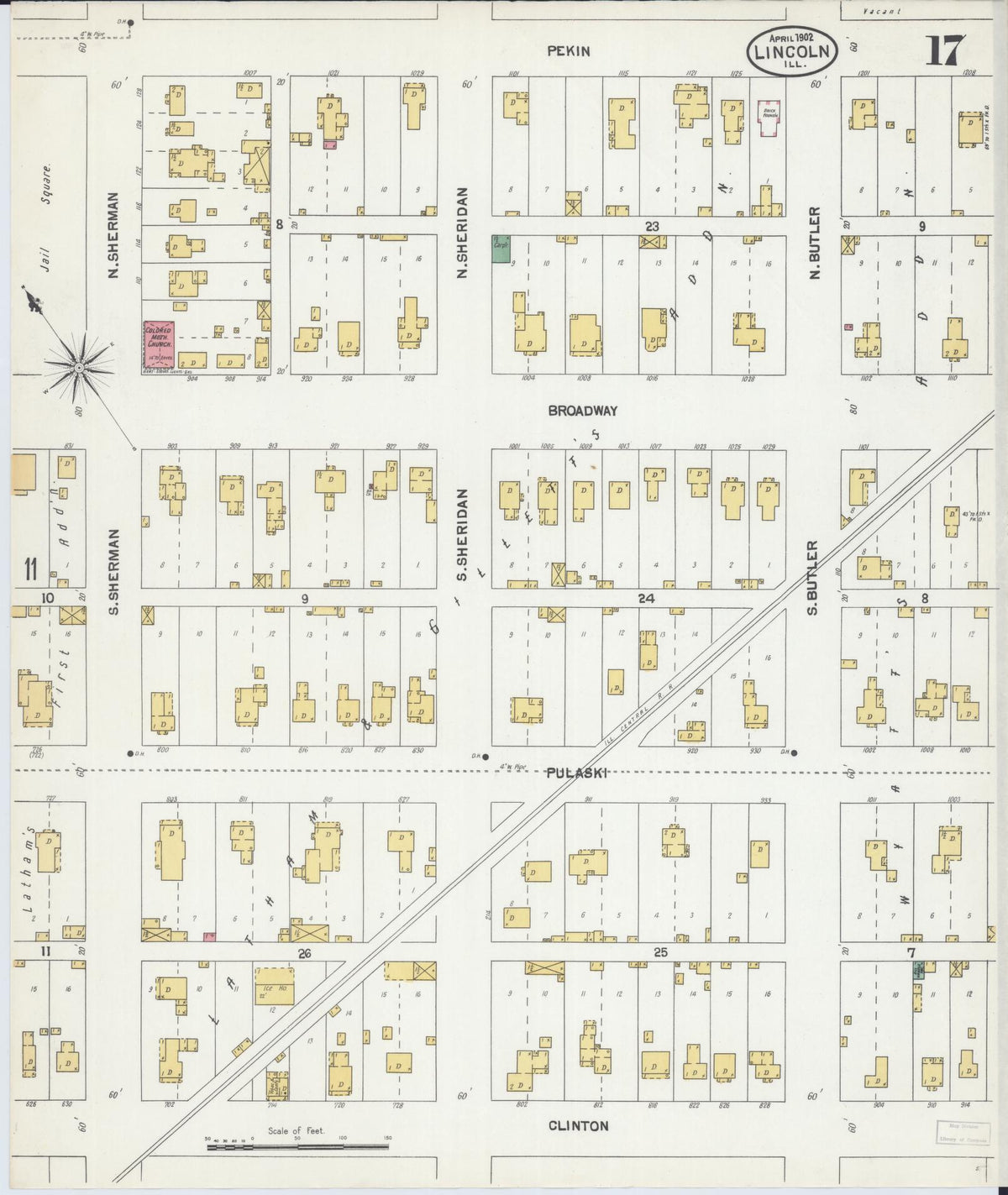 Sanborn Fire Insurance Map from Lincoln, Logan County, Illinois (1902), Sheet #0017 - Historic Sanborn Fire Insurance Map Print, vintage old map wall art, antique decor, genealogy gift, Illinois Illinois map