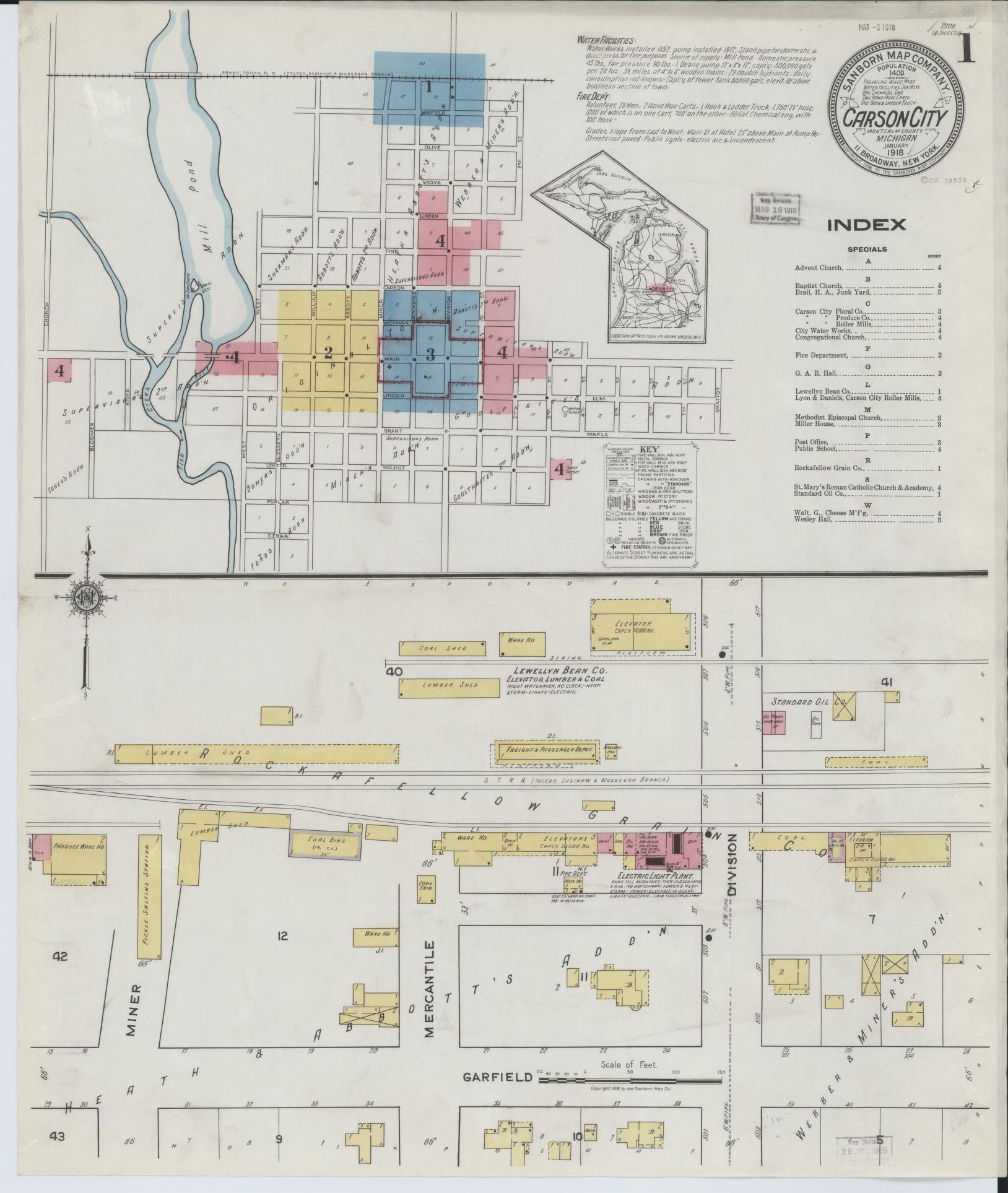 Sanborn Fire Insurance Map from Carson City, Montcalm County, Michigan (1918), Sheet #0001 - Complete Map Set gallery image, historic Sanborn map, vintage wall art, Michigan Michigan