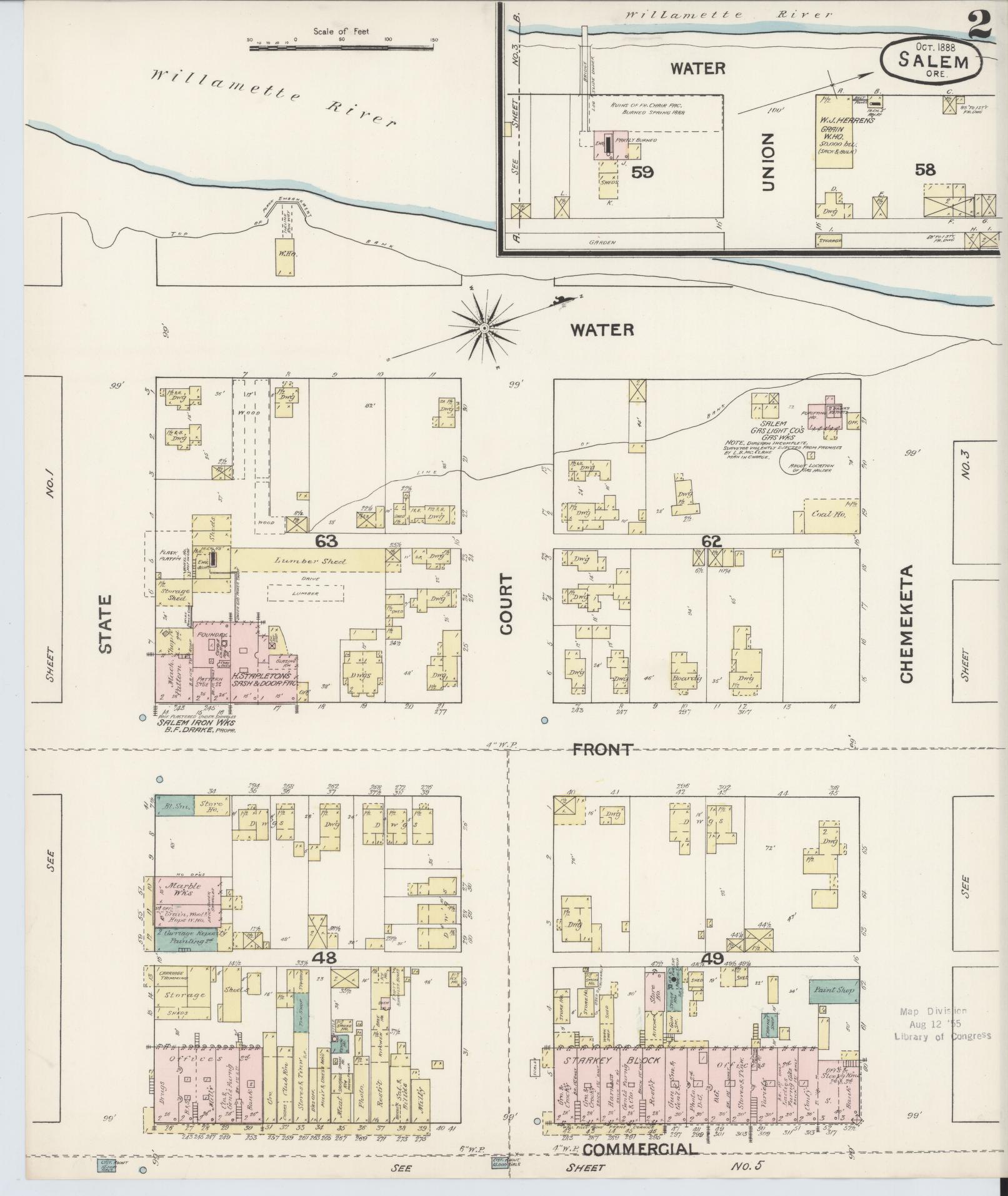 Sanborn Fire Insurance Map from Salem, Marion County, Oregon (1888), Sheet #0002 - Complete Map Set gallery image, historic Sanborn map, vintage wall art, Oregon Oregon