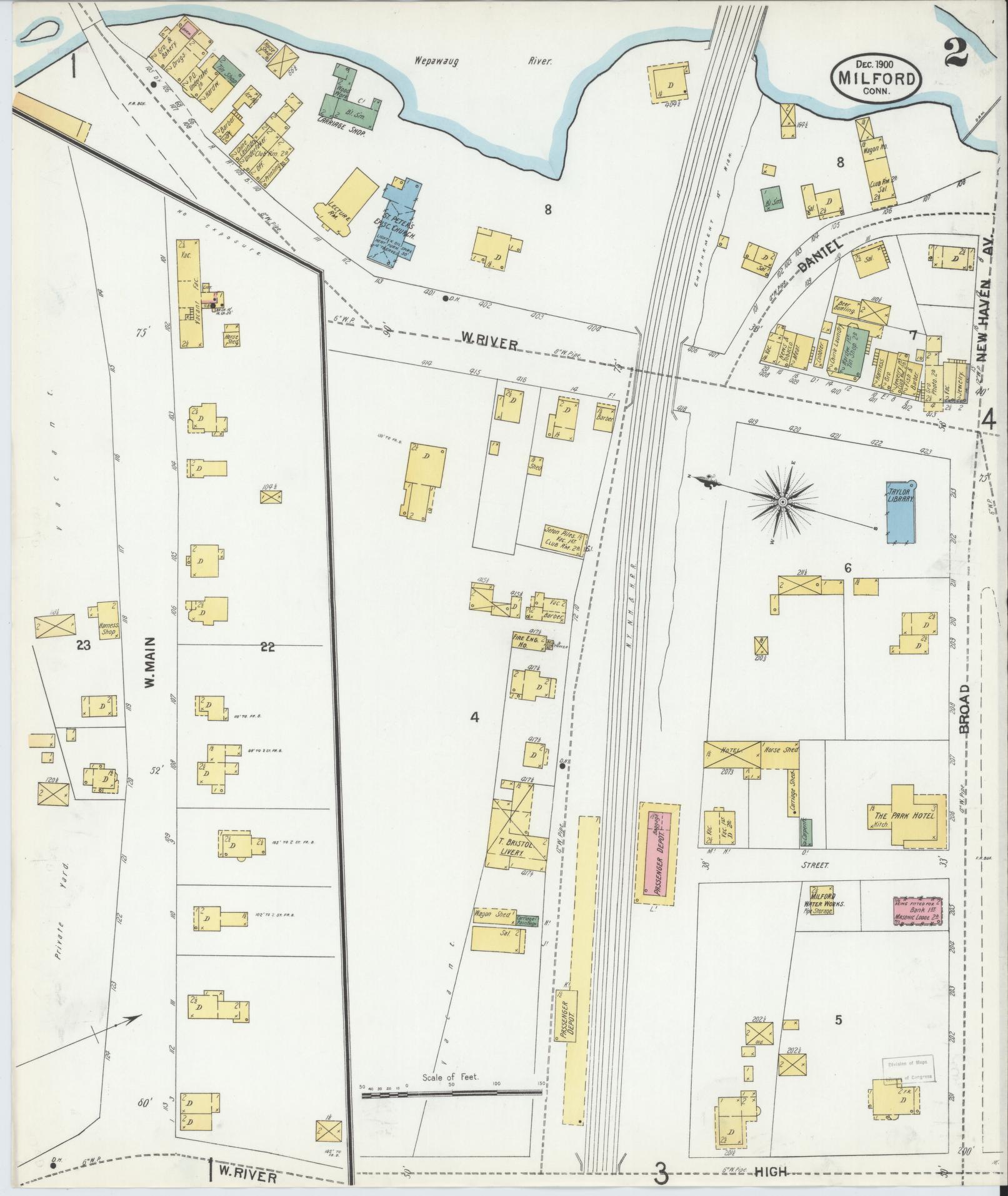 Sanborn Fire Insurance Map from Milford, New Haven County, Connecticut (1900), Sheet #0002 - Complete Map Set gallery image, historic Sanborn map, vintage wall art, Connecticut Connecticut