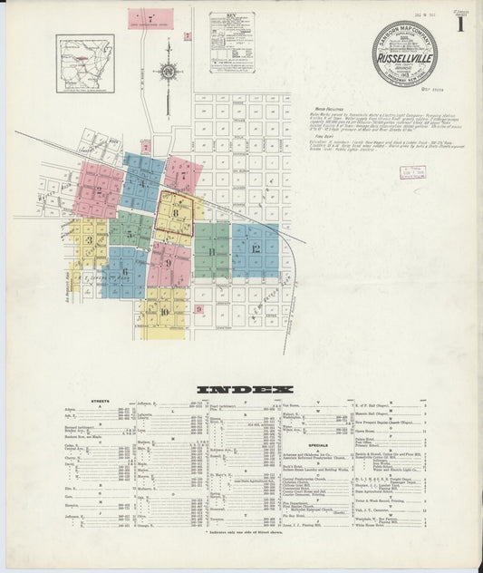 Sanborn Fire Insurance Map from Russellville, Pope County, Arkansas (1913), Sheet #0001 - Historic Sanborn Fire Insurance Map Print, vintage old map wall art, antique decor, genealogy gift, Arkansas Arkansas map