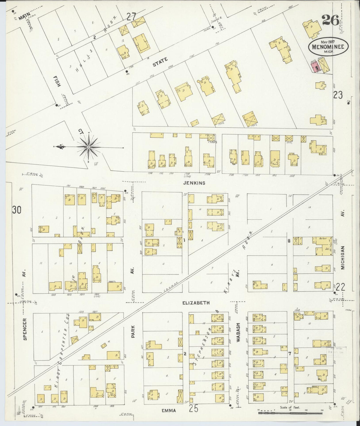 Sanborn Fire Insurance Map from Menominee, Menominee County, Michigan (1907), Sheet #0026 - Historic Sanborn Fire Insurance Map Print, vintage old map wall art, antique decor, genealogy gift, Michigan Michigan map