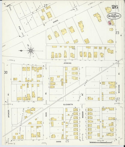 Sanborn Fire Insurance Map from Menominee, Menominee County, Michigan (1907), Sheet #0026 - Historic Sanborn Fire Insurance Map Print, vintage old map wall art, antique decor, genealogy gift, Michigan Michigan map