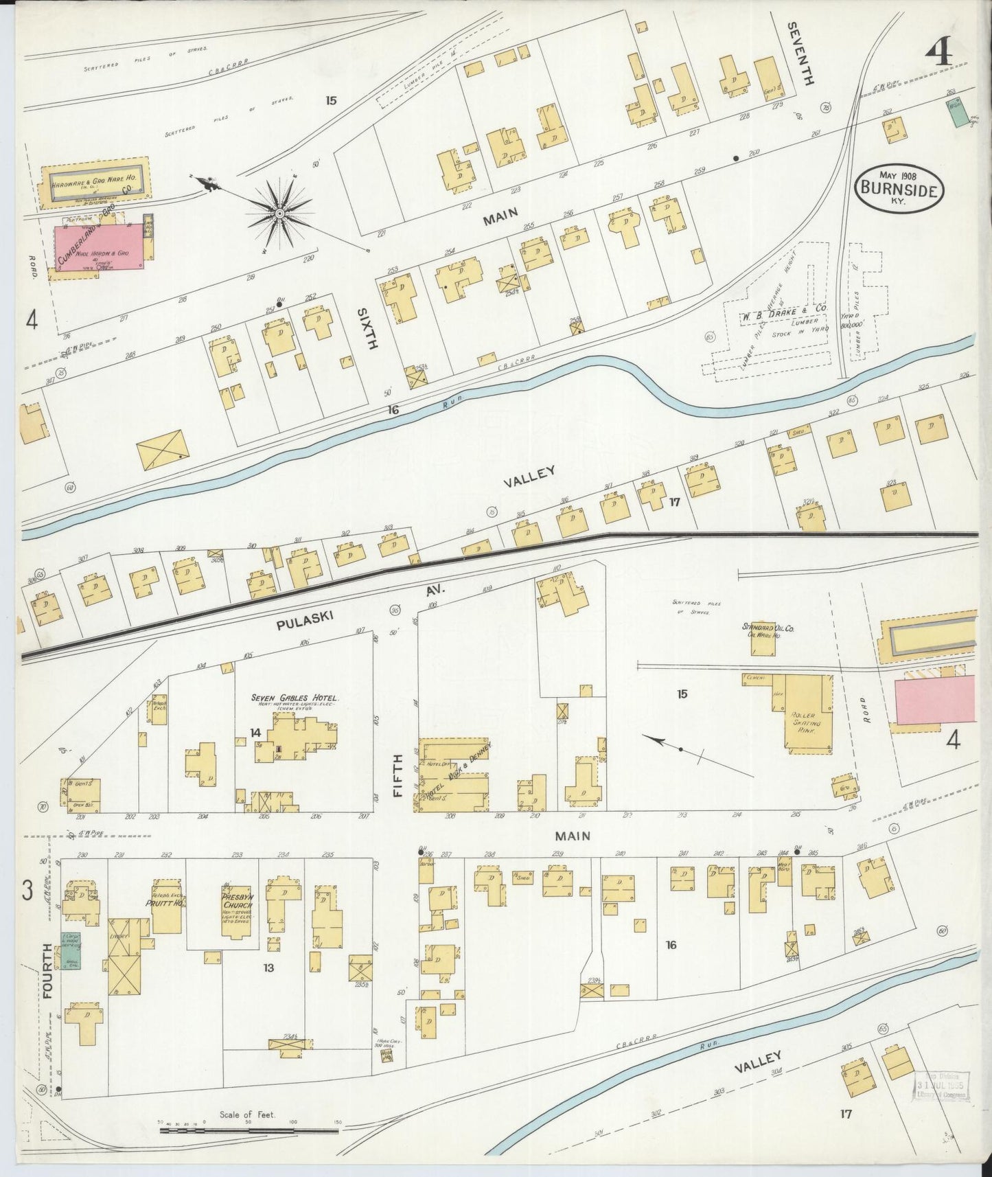 Sanborn Fire Insurance Map from Burnside, Pulaski County, Kentucky (1908), Sheet #0004 - Historic Sanborn Fire Insurance Map Print, vintage old map wall art, antique decor, genealogy gift, Kentucky Kentucky map