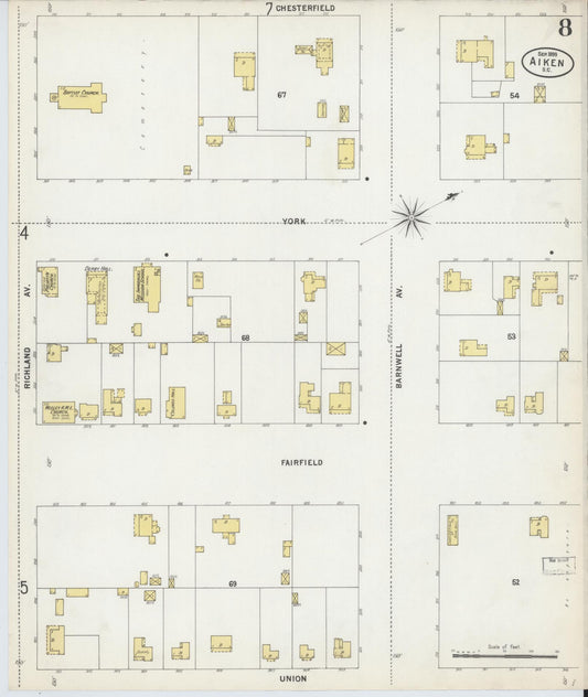 Sanborn Fire Insurance Map from Aiken, Aiken County, South Carolina (1899), Sheet #0008 - Historic Sanborn Fire Insurance Map Print, vintage old map wall art, antique decor, genealogy gift, South Carolina South Carolina map