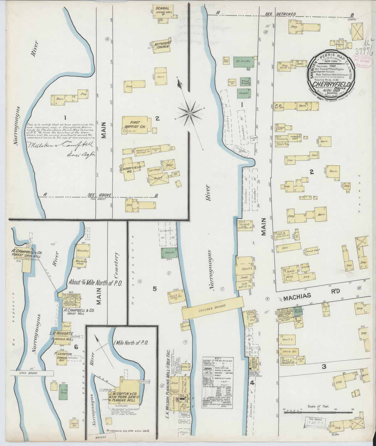 Sanborn Fire Insurance Map from Cherryfield, Washington County, Maine (1889), Sheet #0001 - Historic Sanborn Fire Insurance Map Print, vintage old map wall art, antique decor, genealogy gift, Maine Maine map