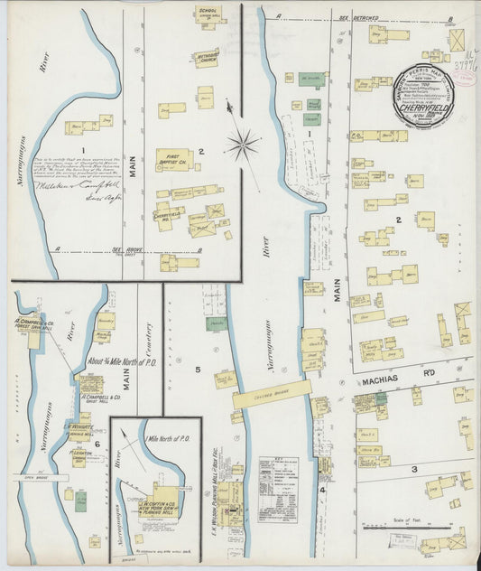 Sanborn Fire Insurance Map from Cherryfield, Washington County, Maine (1889), Sheet #0001 - Historic Sanborn Fire Insurance Map Print, vintage old map wall art, antique decor, genealogy gift, Maine Maine map