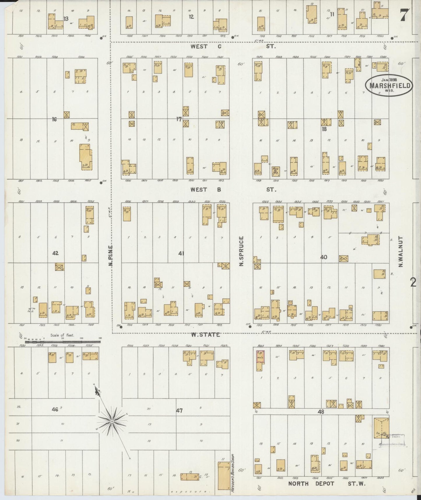 Sanborn Fire Insurance Map from Marshfield, Wood County, Wisconsin (1898), Sheet #0007 - Complete Map Set gallery image, historic Sanborn map, vintage wall art, Wisconsin Wisconsin