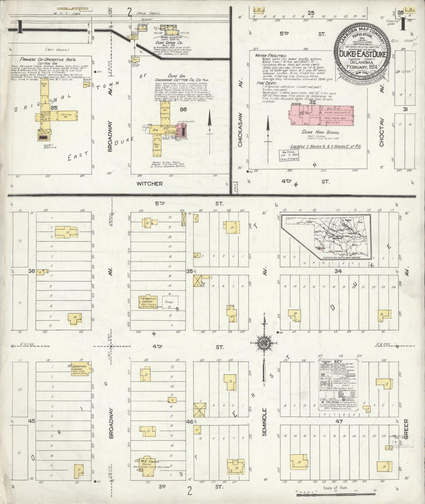 Sanborn Fire Insurance Map from Duke, Jackson County, Oklahoma (1924), Sheet #0001 - Historic Sanborn Fire Insurance Map Print, vintage old map wall art, antique decor, genealogy gift, Oklahoma Oklahoma map