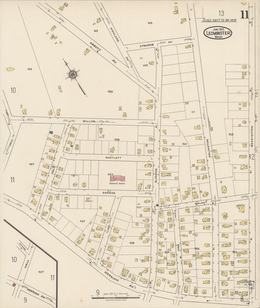 Sanborn Fire Insurance Map from Leominster, Worcester County, Massachusetts (1922), Sheet #0011 - Historic Sanborn Fire Insurance Map Print, vintage old map wall art, antique decor, genealogy gift, Massachusetts Massachusetts map