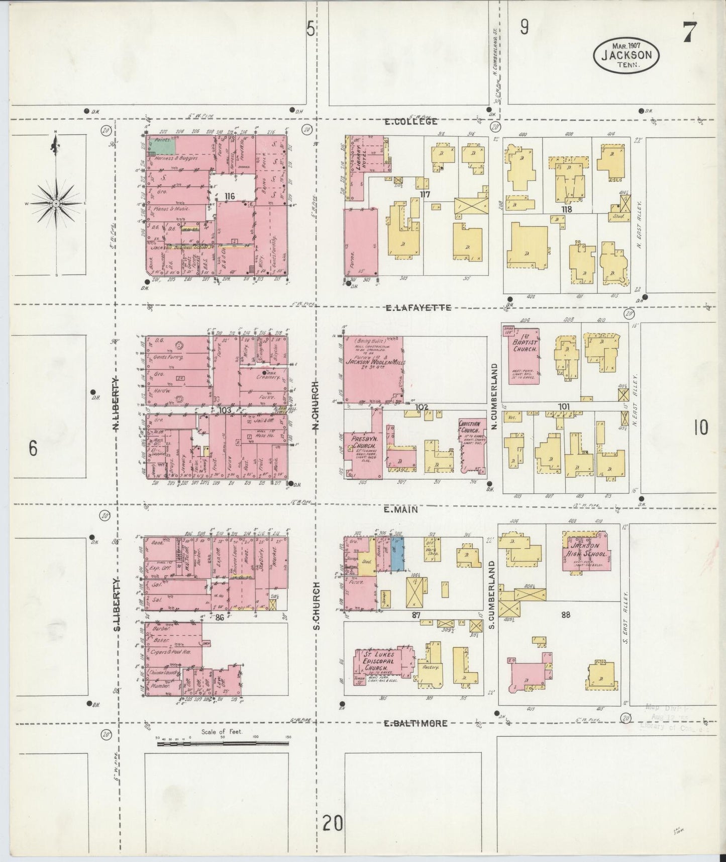 Sanborn Fire Insurance Map from Jackson, Madison County, Tennessee (1907), Sheet #0007 - Complete Map Set gallery image, historic Sanborn map, vintage wall art, Tennessee Tennessee