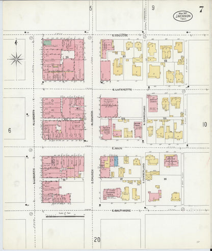 Sanborn Fire Insurance Map from Jackson, Madison County, Tennessee (1907), Sheet #0007 - Complete Map Set gallery image, historic Sanborn map, vintage wall art, Tennessee Tennessee