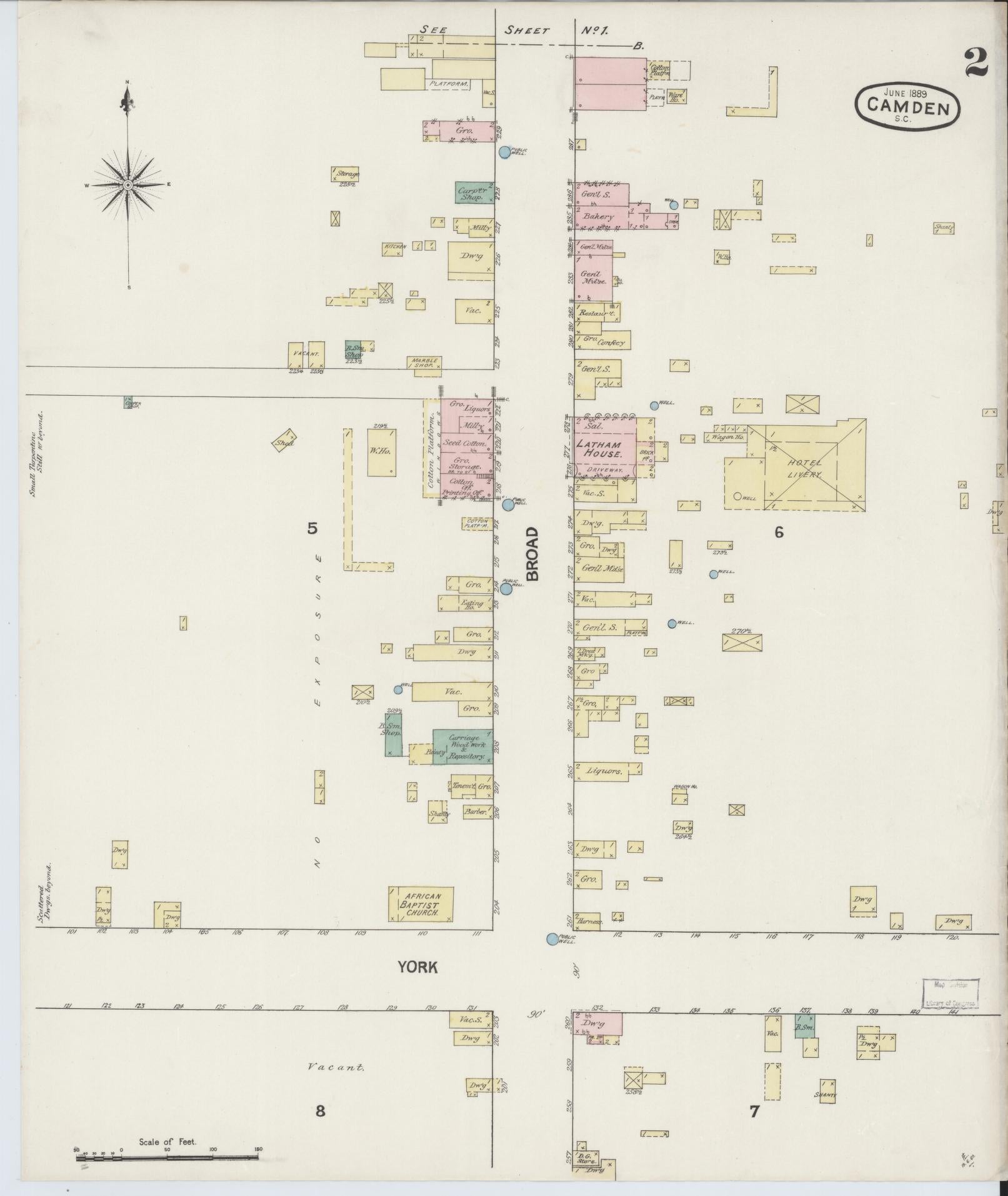 Sanborn Fire Insurance Map from Camden, Kershaw County, South Carolina (1889), Sheet #0002 - Complete Map Set gallery image, historic Sanborn map, vintage wall art, South Carolina South Carolina
