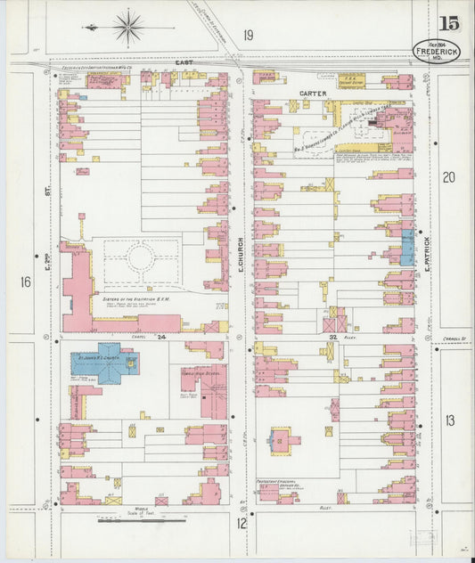 Frederick, Maryland - 1904 - Sanborn Fire Insurance Map, Sheet #0015 - Historic Sanborn Fire Insurance Map Print, Frederick Maryland 1904 0015 vintage old map wall art