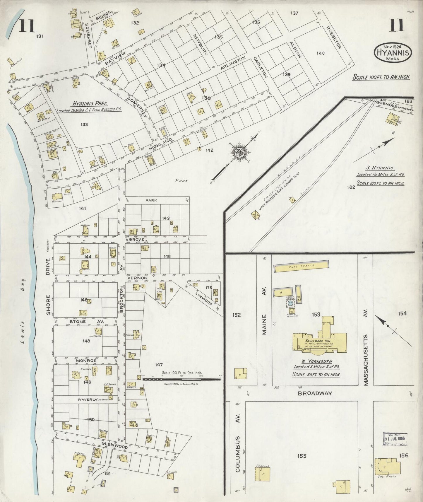 Sanborn Fire Insurance Map from Hyannis, Barnstable County, Massachusetts (1924), Sheet #0011 - Complete Map Set gallery image, historic Sanborn map, vintage wall art, Massachusetts Massachusetts