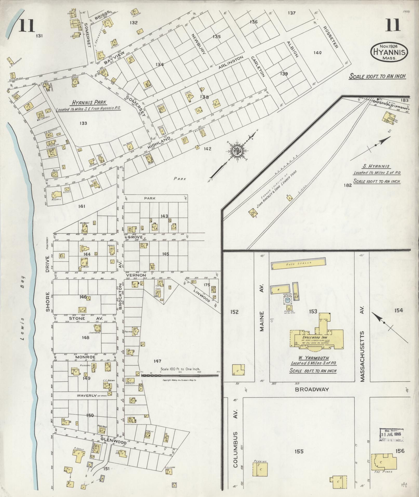 Sanborn Fire Insurance Map from Hyannis, Barnstable County, Massachusetts (1924), Sheet #0011 - Complete Map Set gallery image, historic Sanborn map, vintage wall art, Massachusetts Massachusetts